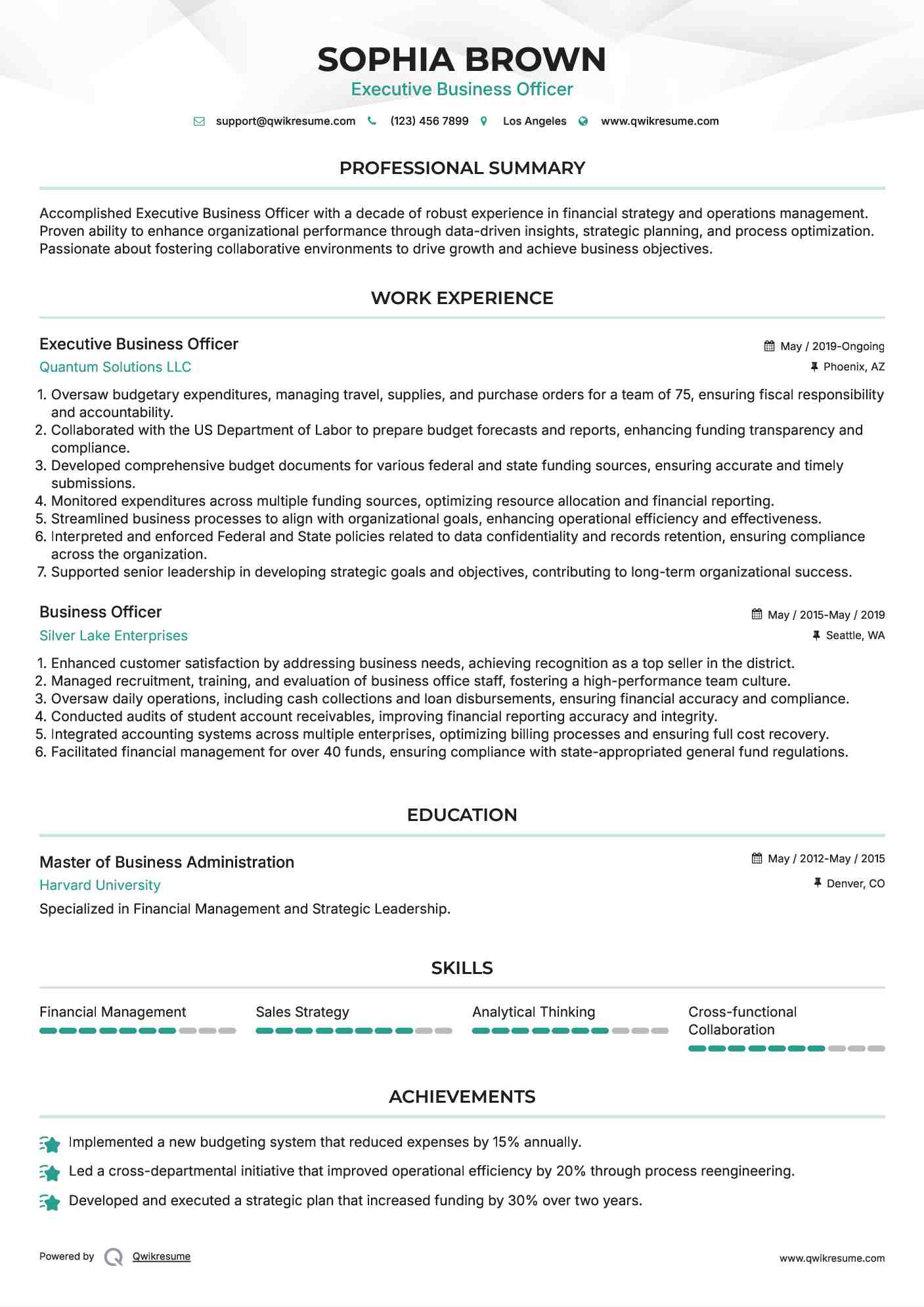 Executive Business Officer Resume Model
