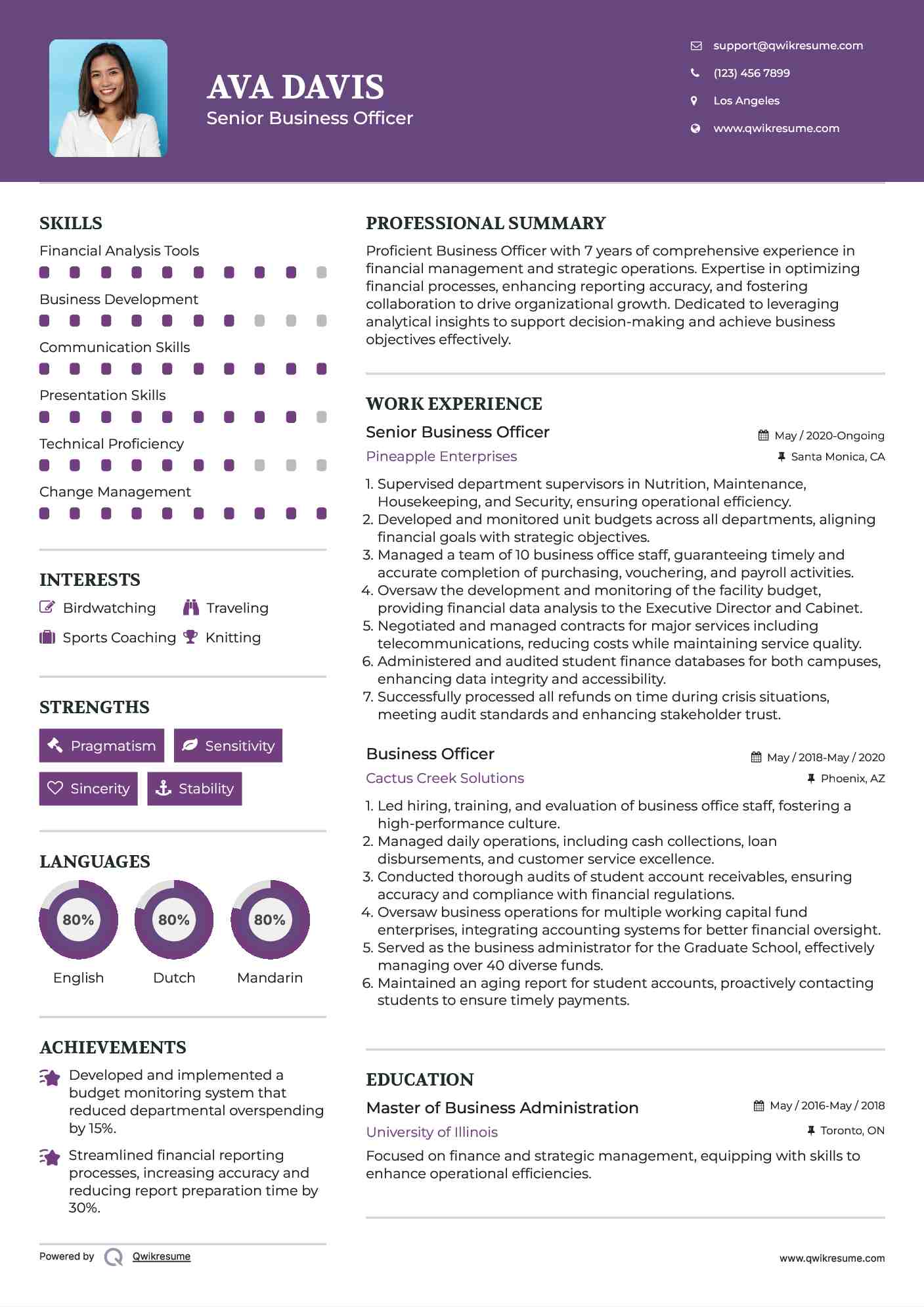 Senior Business Officer Resume Format