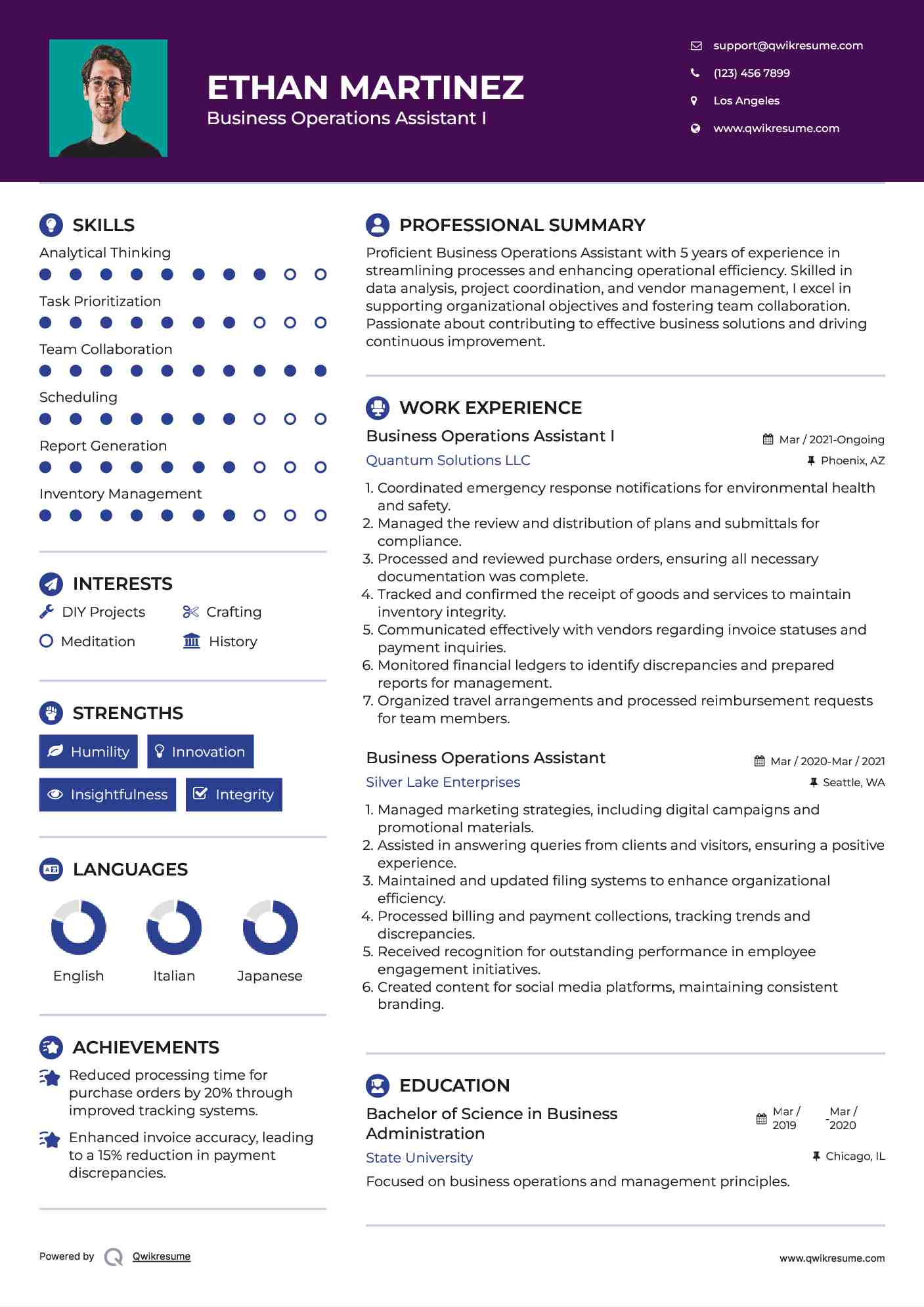 Business Operations Assistant I Resume Template