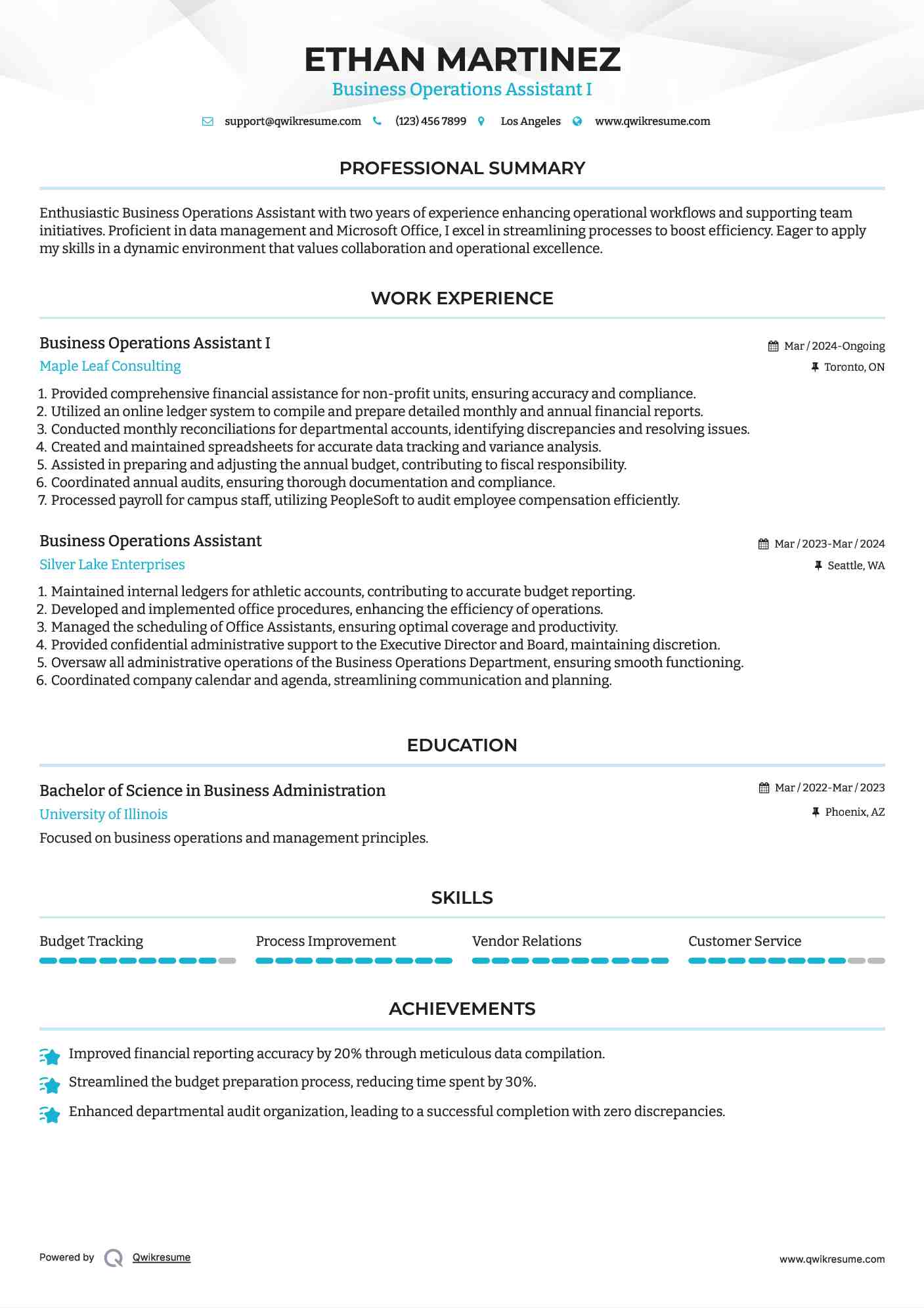 Business Operations Assistant I Resume Template
