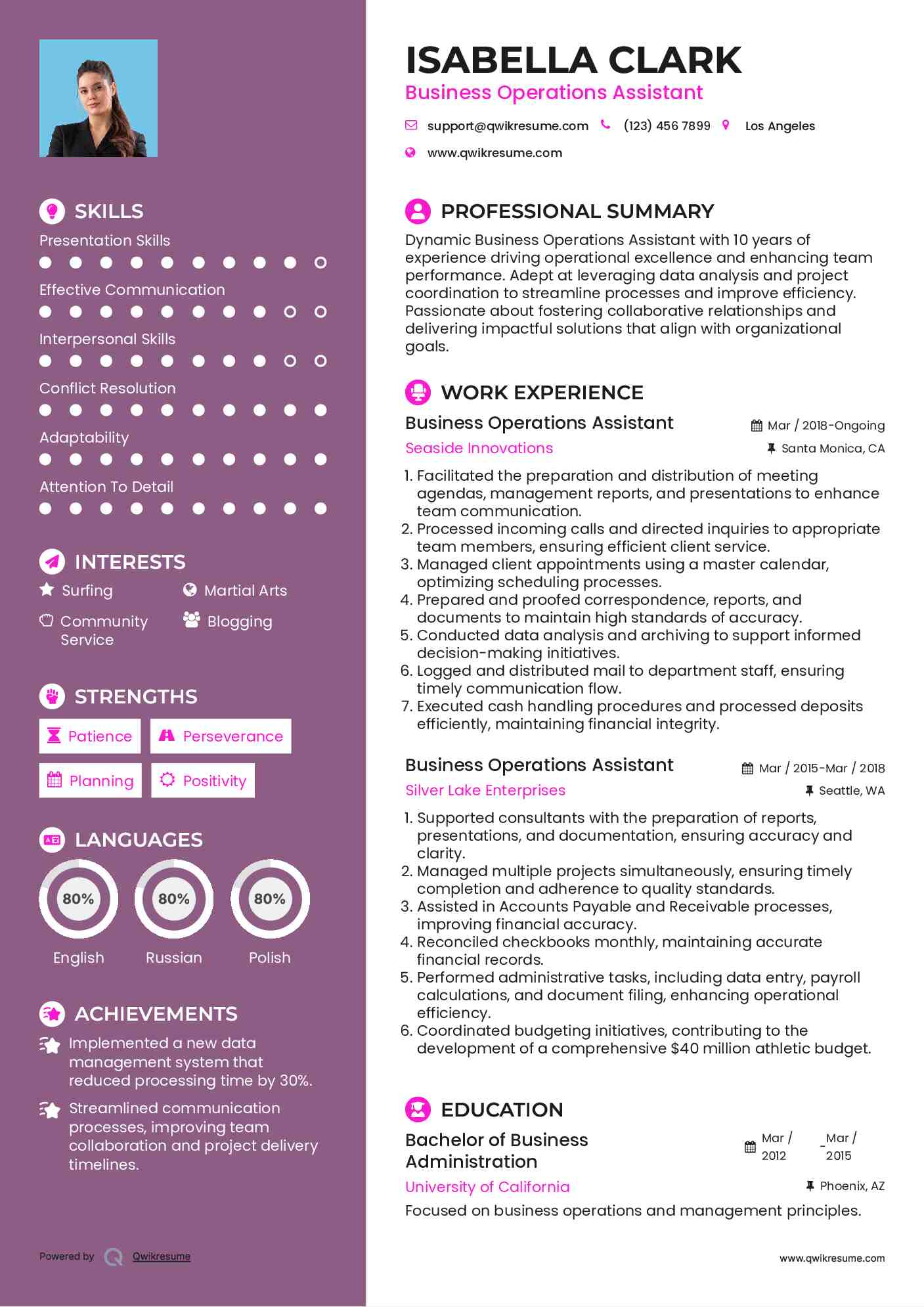 Business Operations Assistant Resume Template