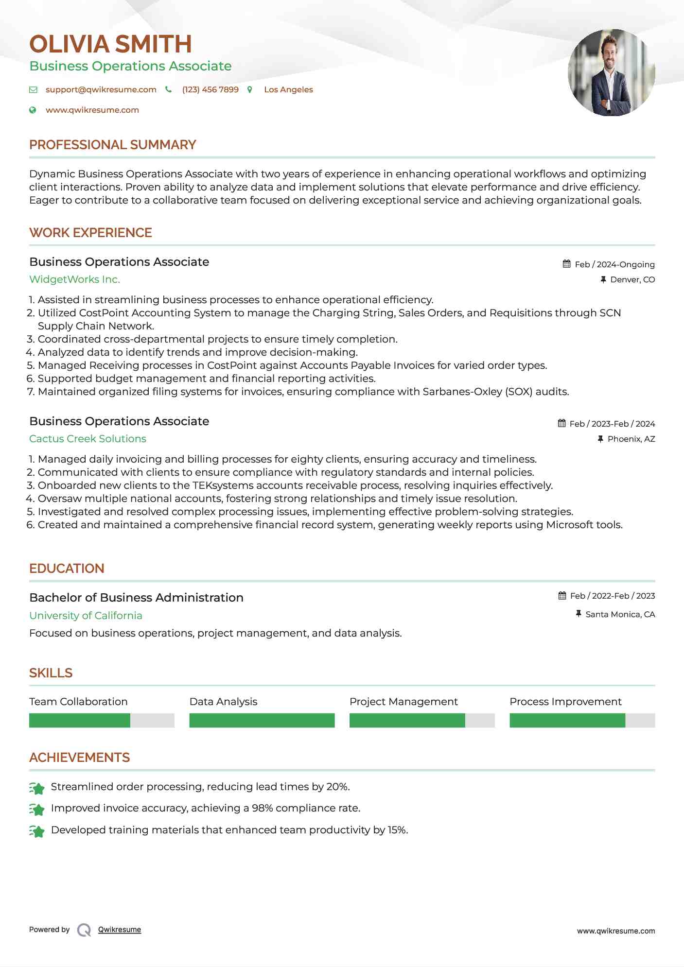 Business Operations Associate Resume Sample