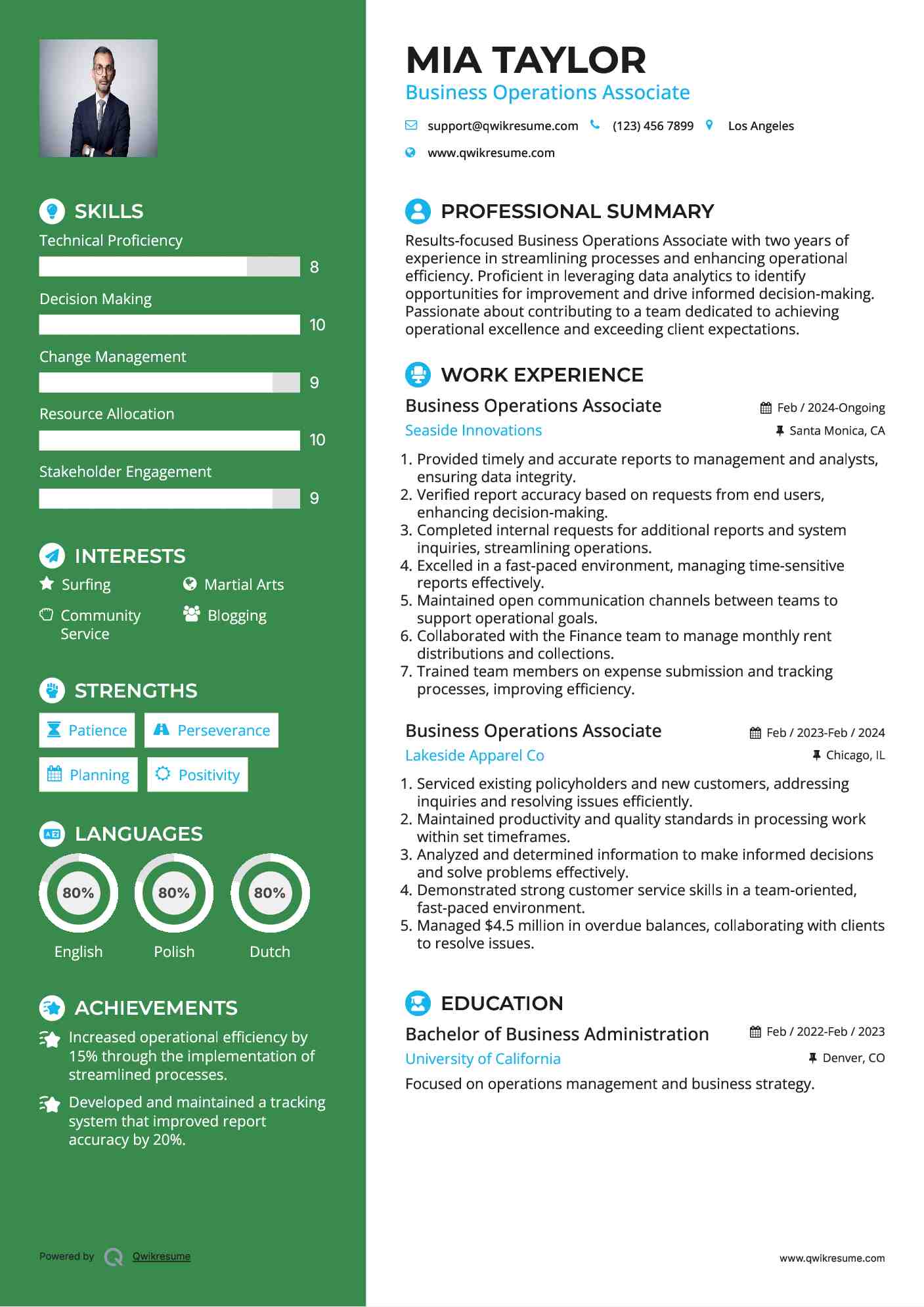 Business Operations Associate Resume Model