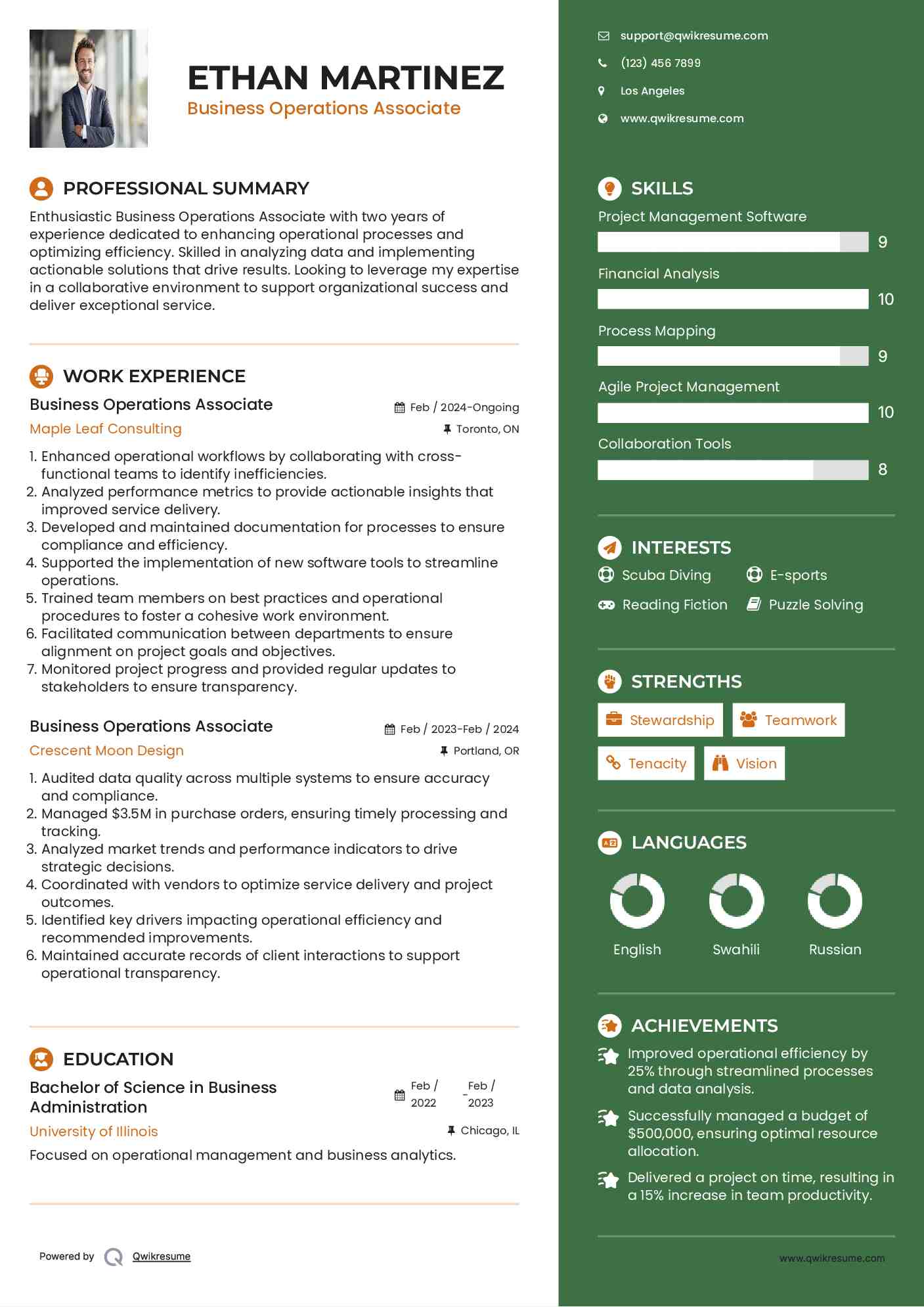 Business Operations Associate Resume Template