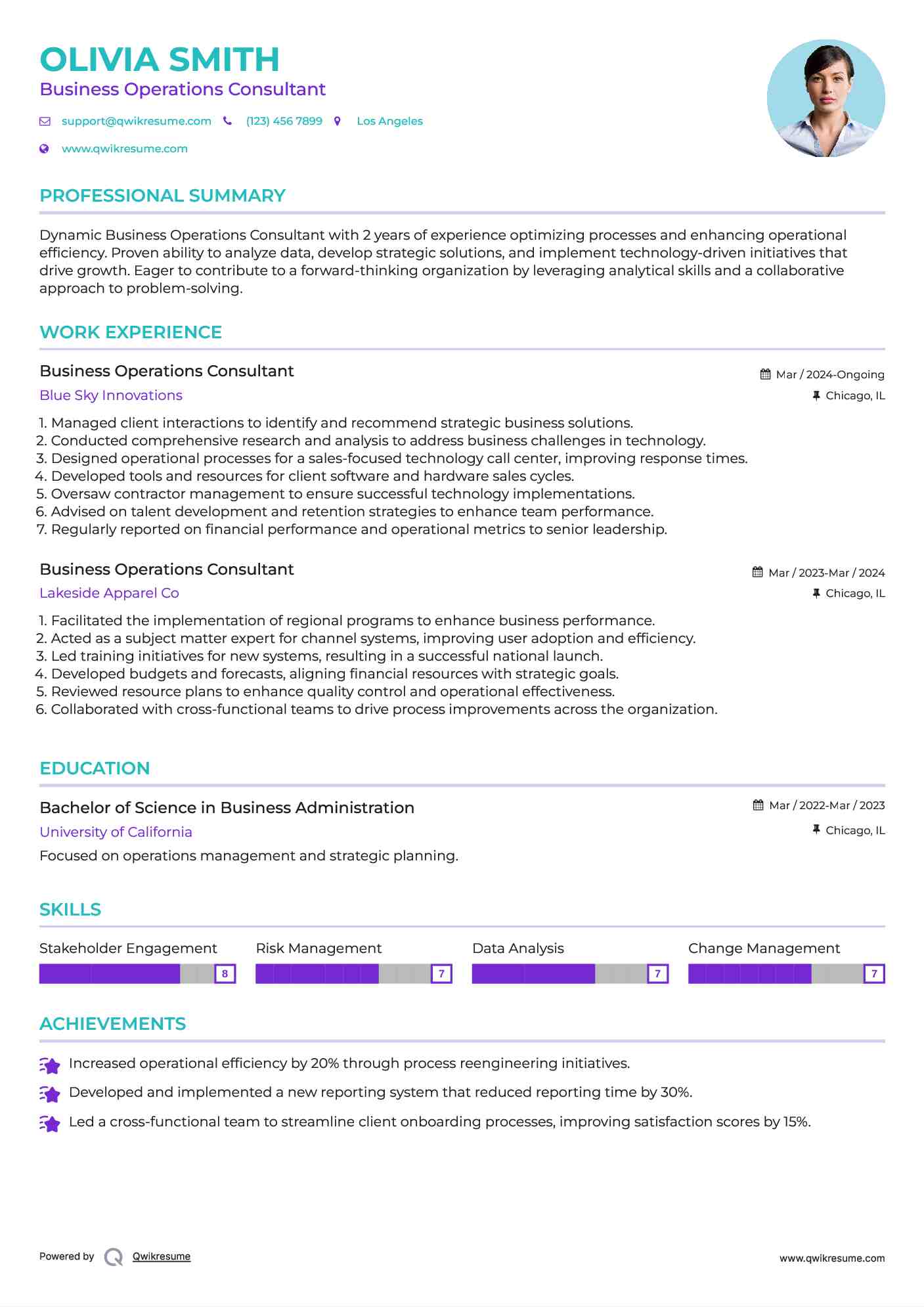Business Operations Consultant Resume Sample