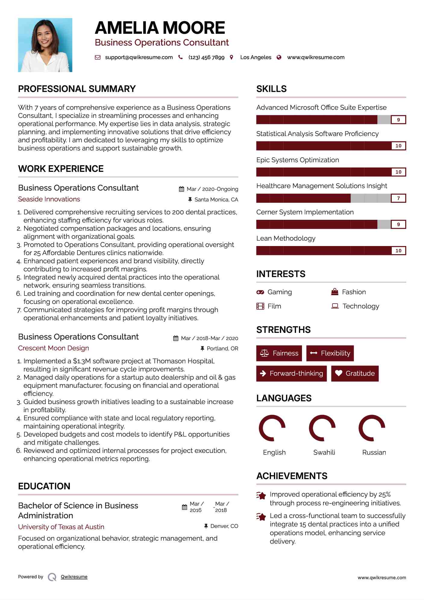 Business Operations Consultant Resume Template