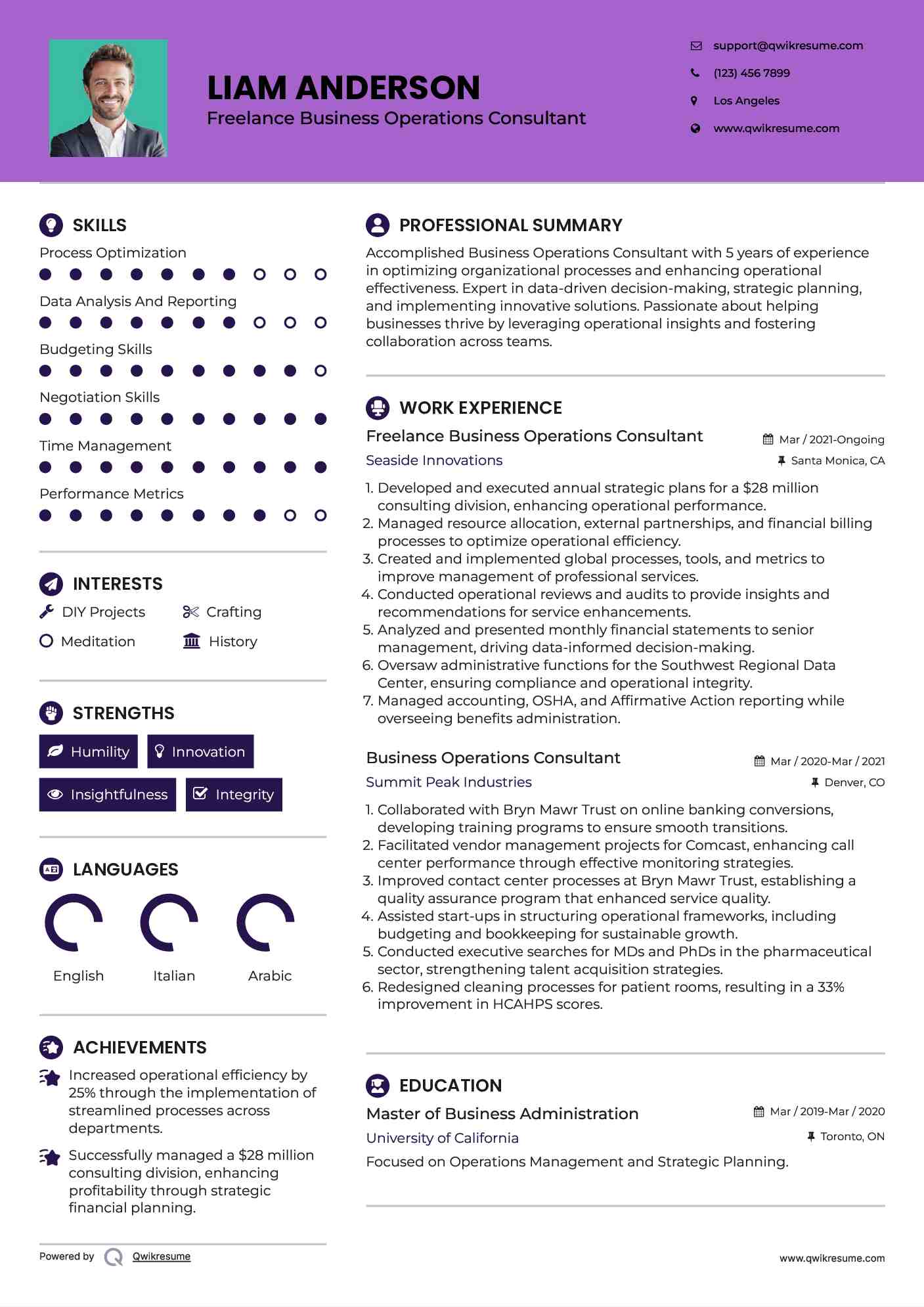 Freelance Business Operations Consultant Resume Example