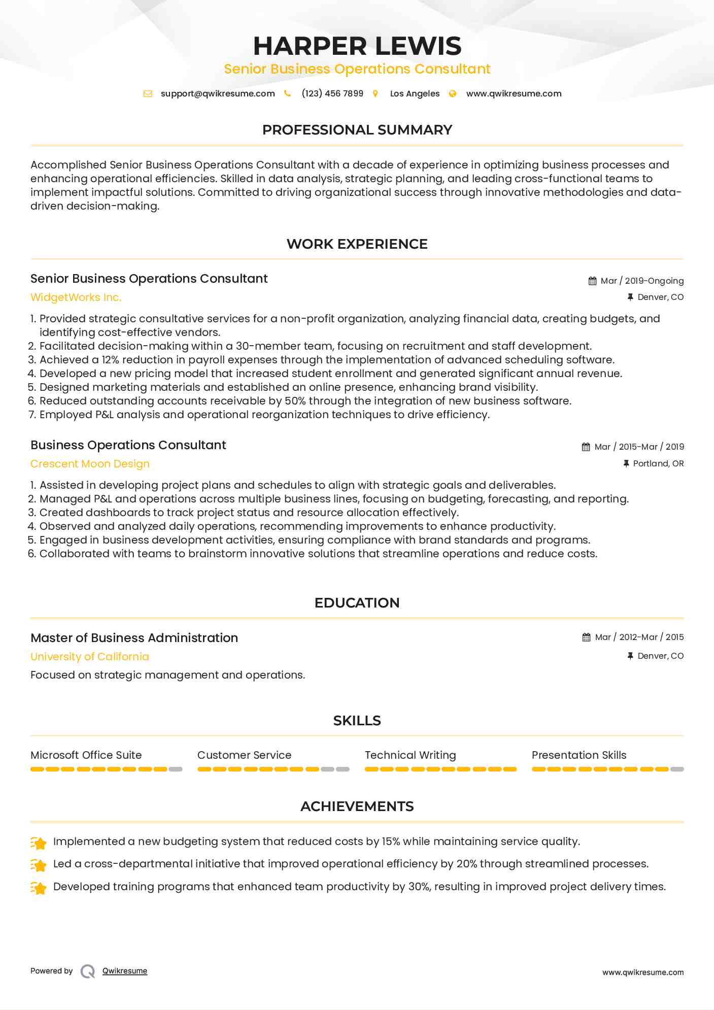 Senior Business Operations Consultant Resume Sample
