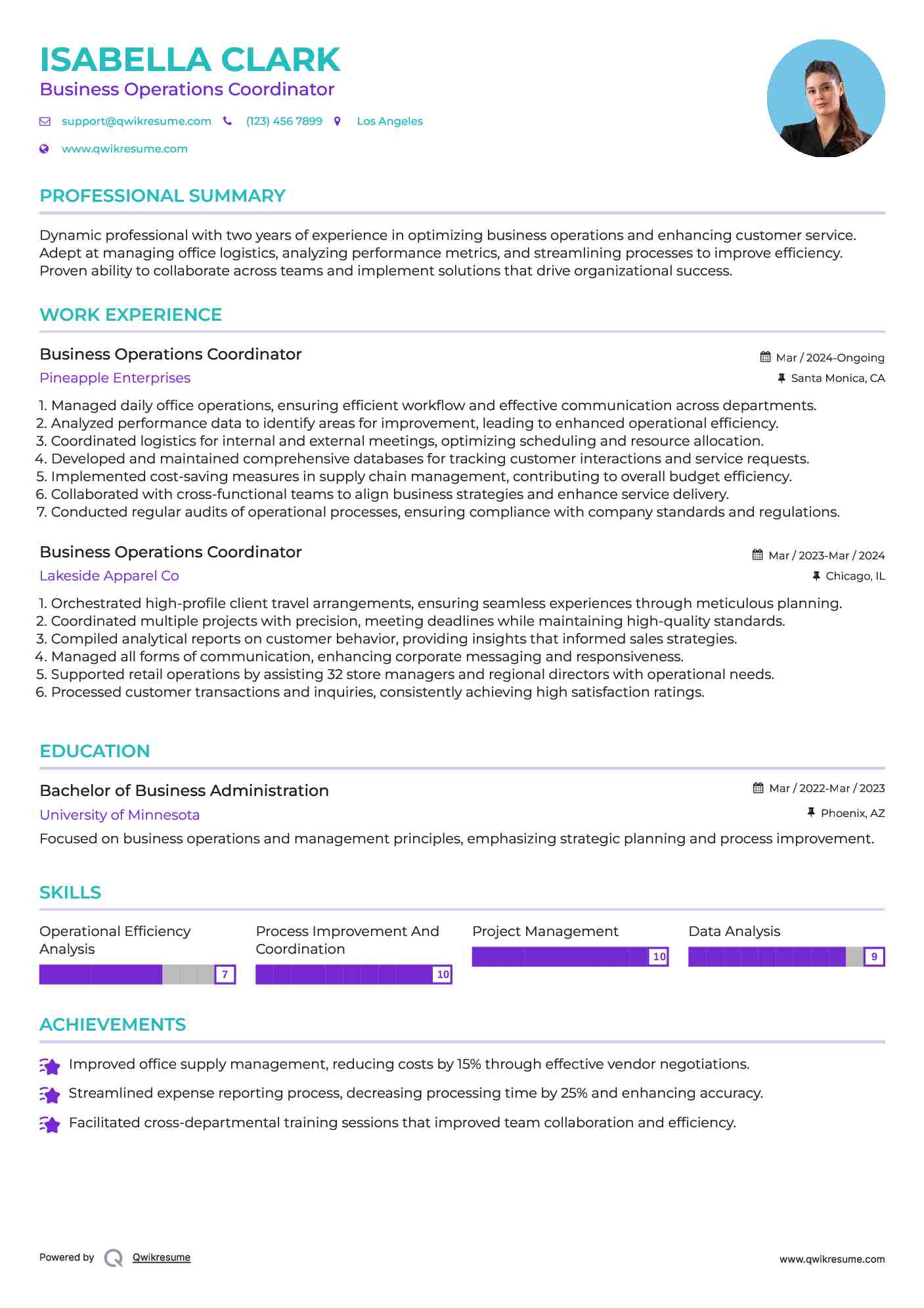 Business Operations Coordinator Resume Template