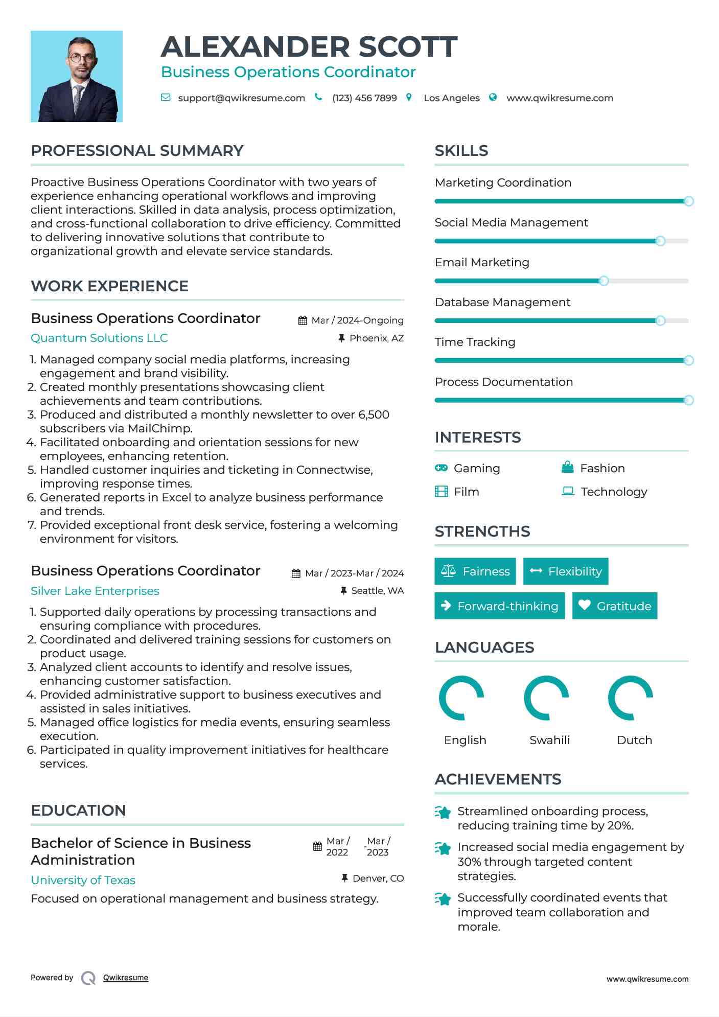 Business Operations Coordinator Resume Template