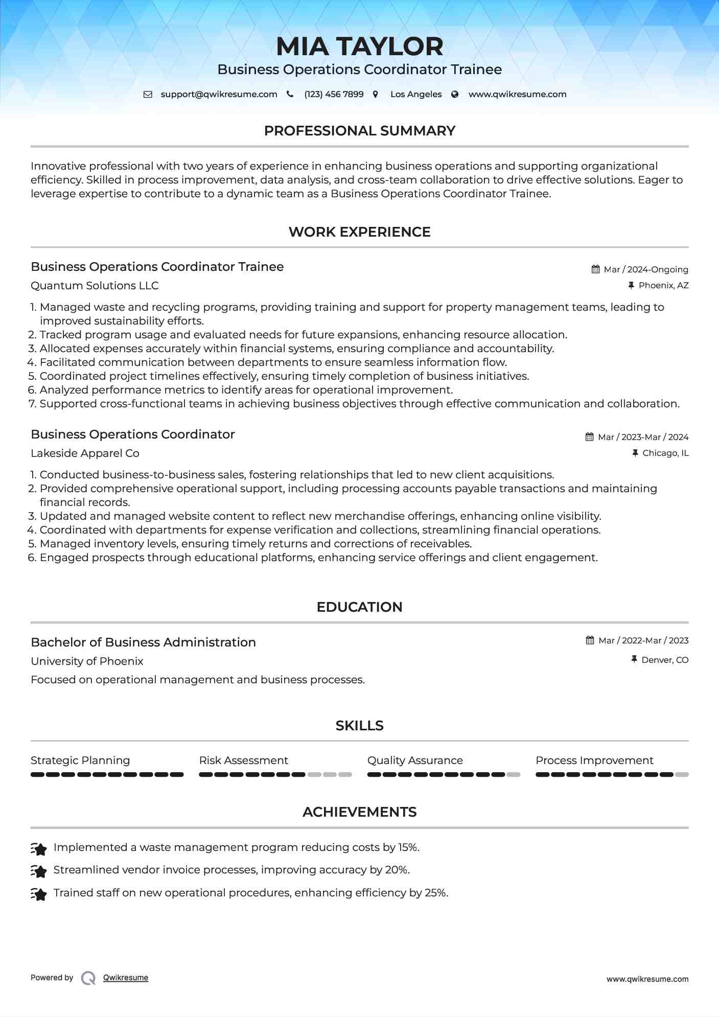 Business Operations Coordinator Trainee Resume Sample