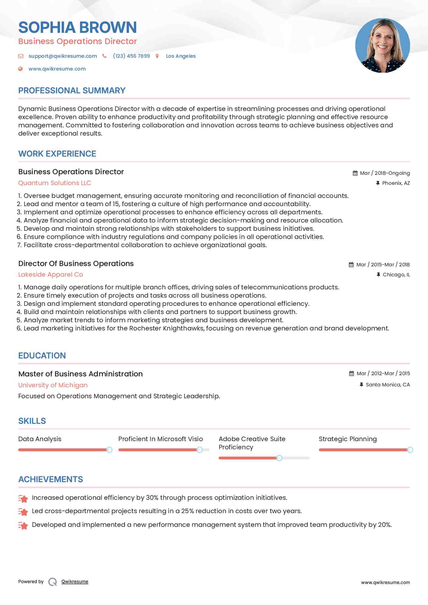 Business Operations Director Resume Sample