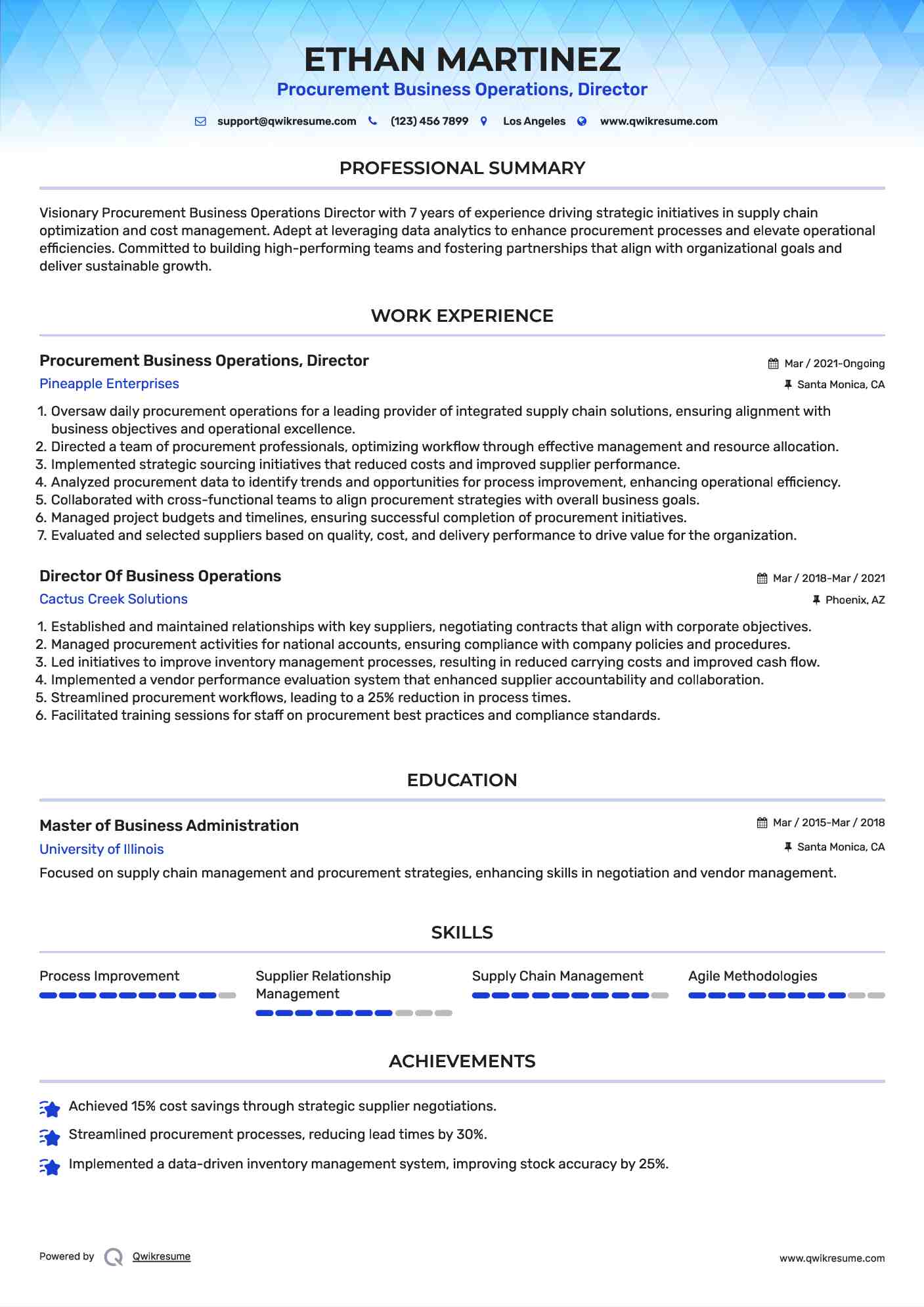 Procurement Business Operations, Director Resume Example