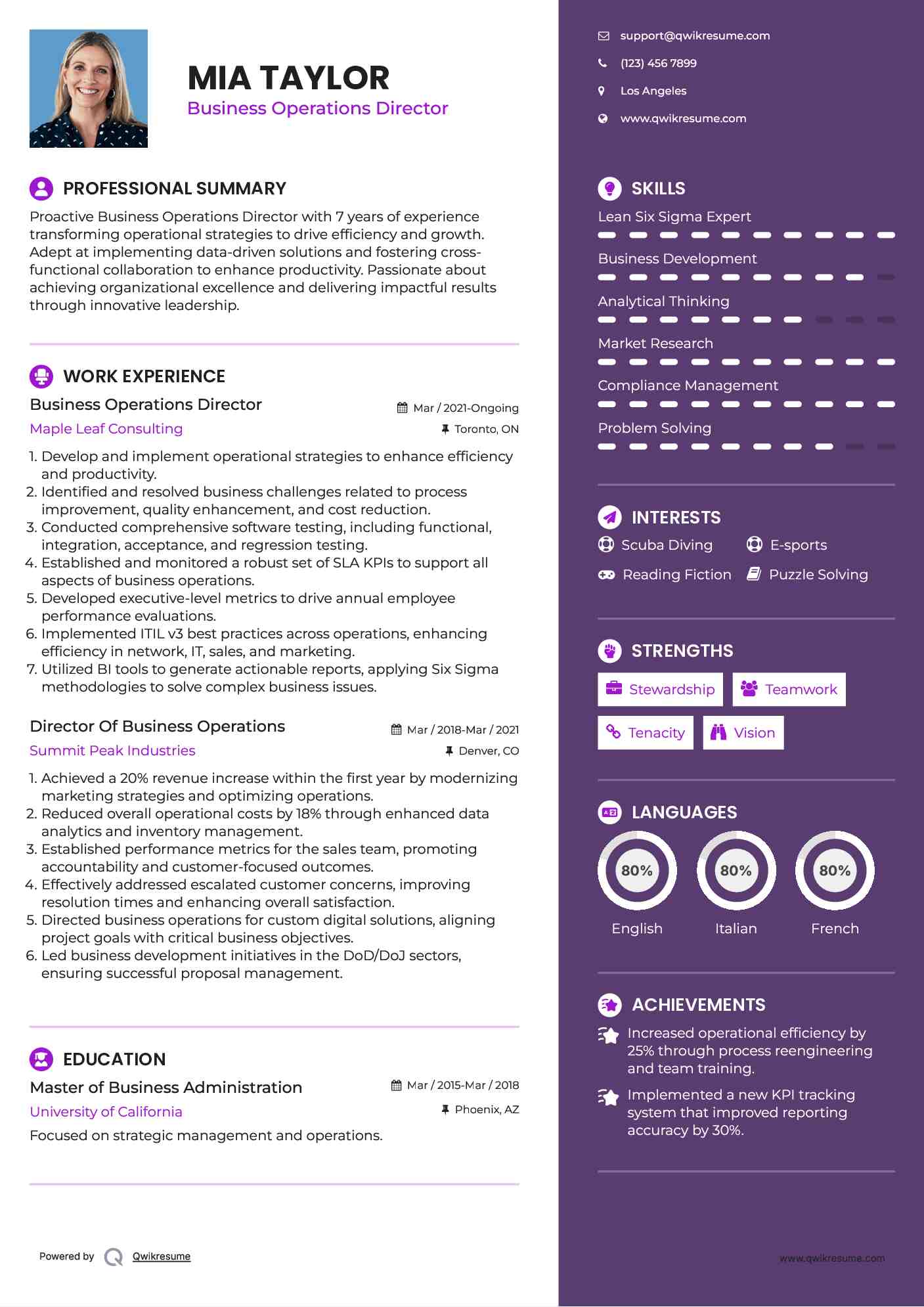 Business Operations Director Resume Format