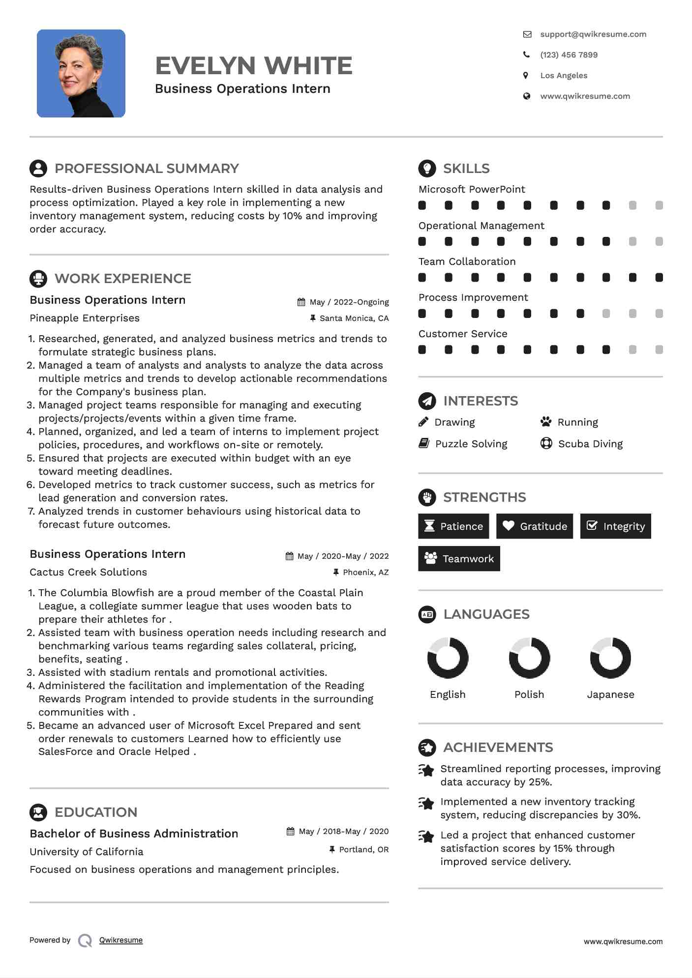 Business Operations Intern Resume Format