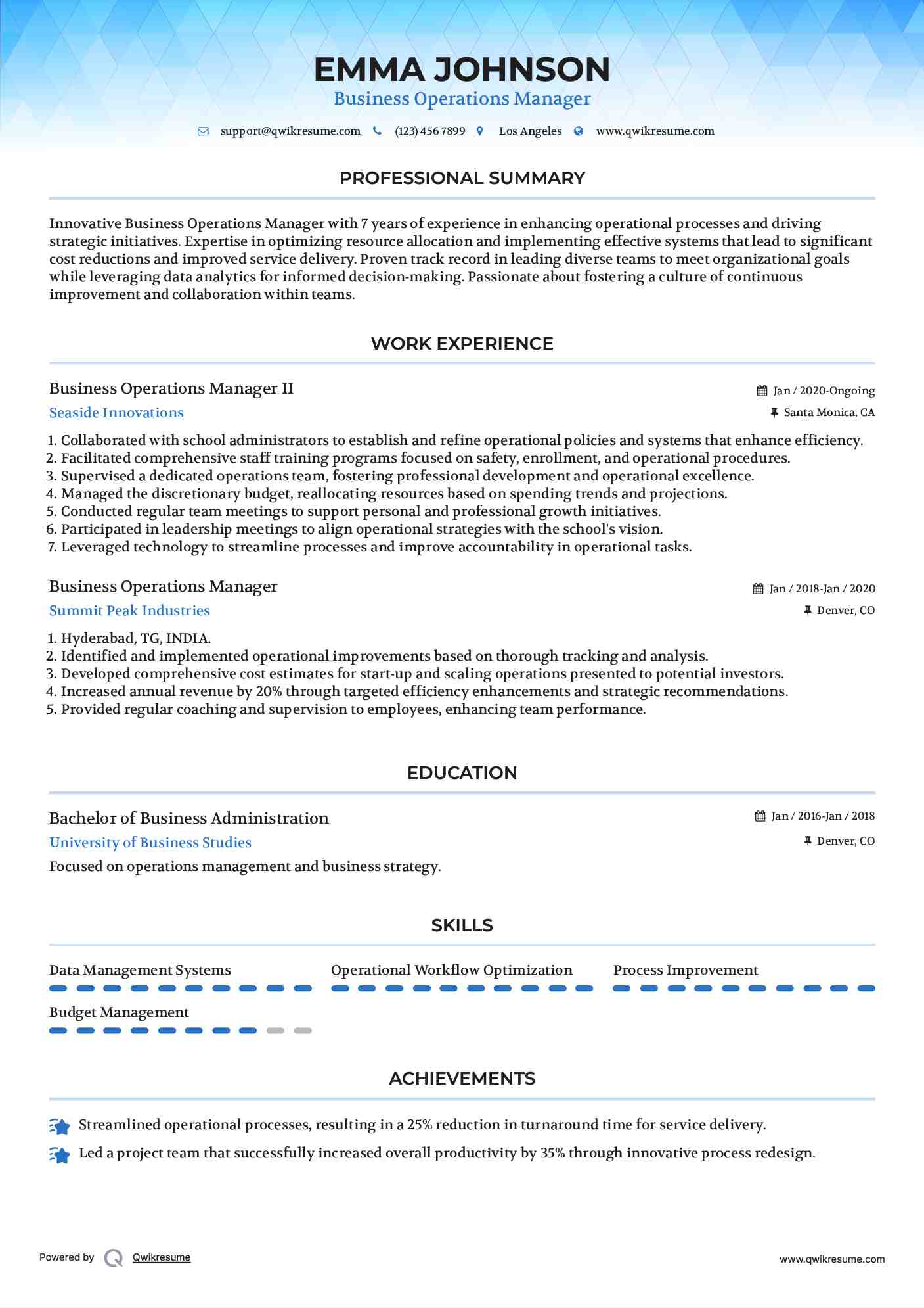 Business Operations Manager II Resume Example
