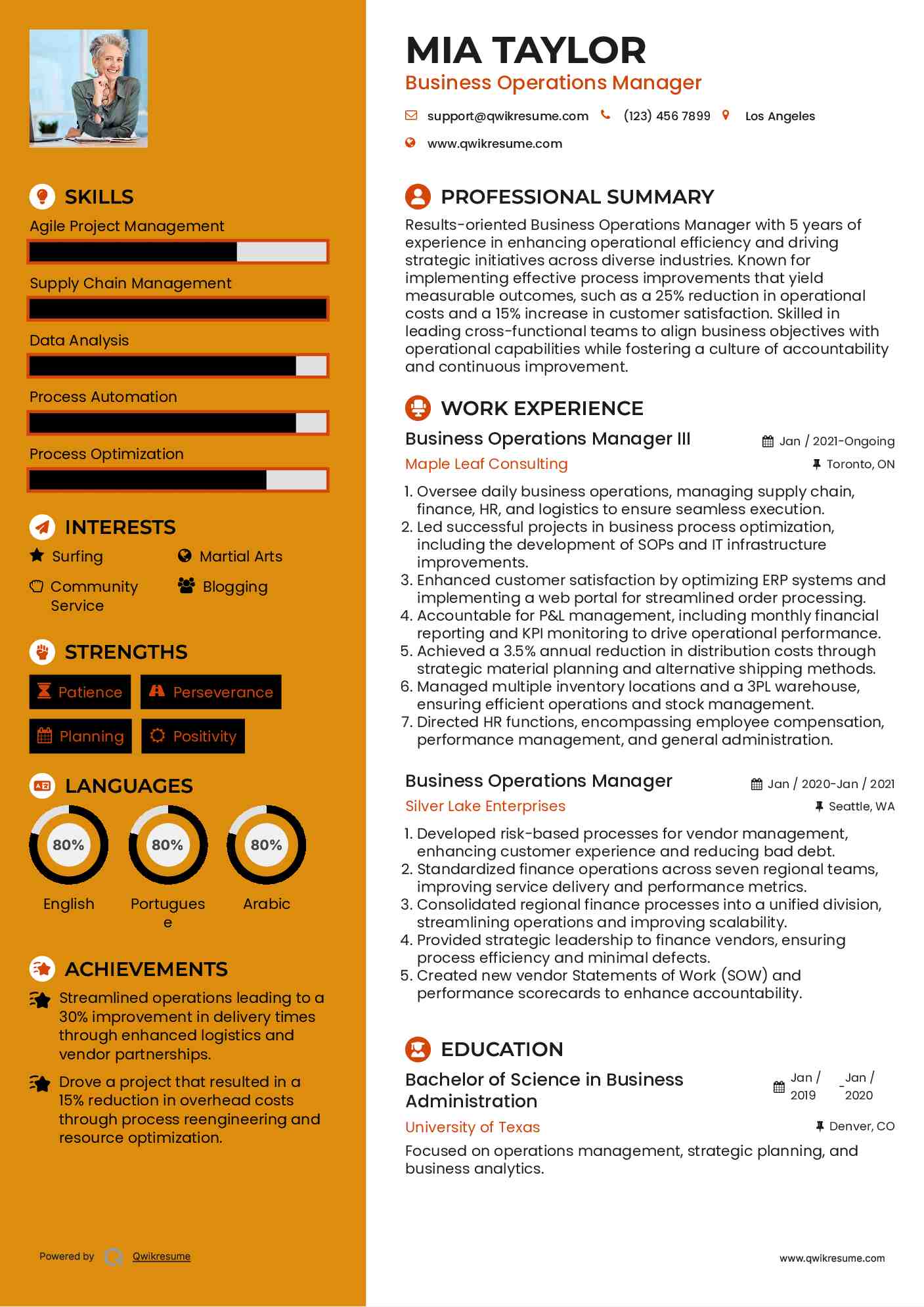 Business Operations Manager III Resume Example