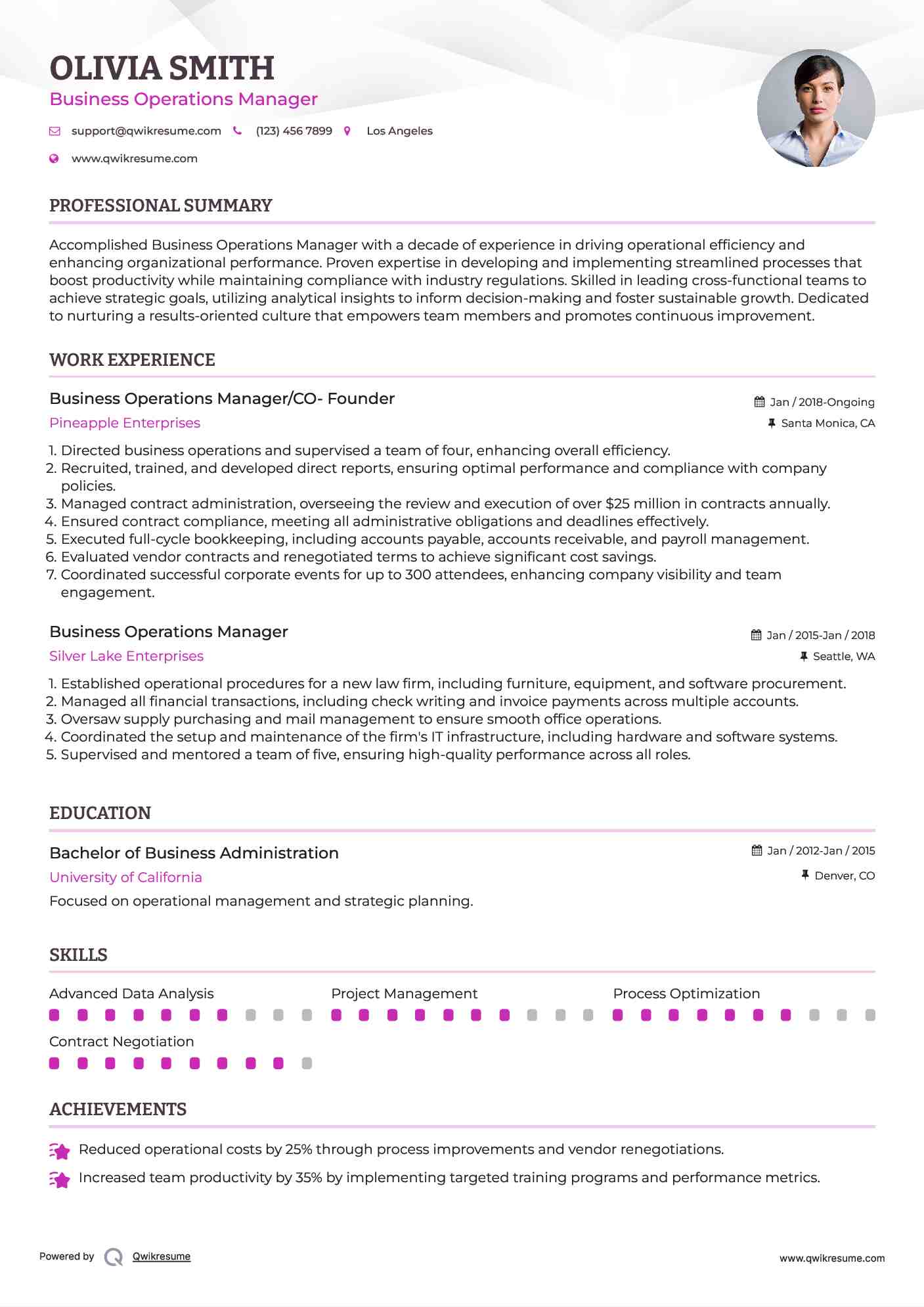 Business Operations Manager/CO- Founder Resume Format