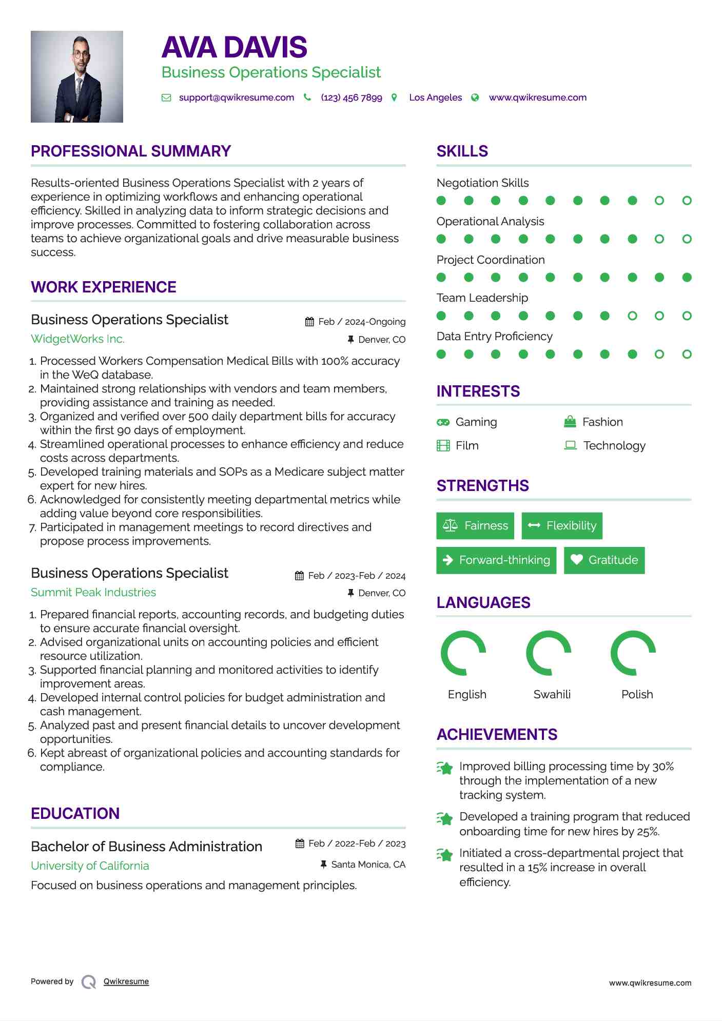 Business Operations Specialist Resume Format