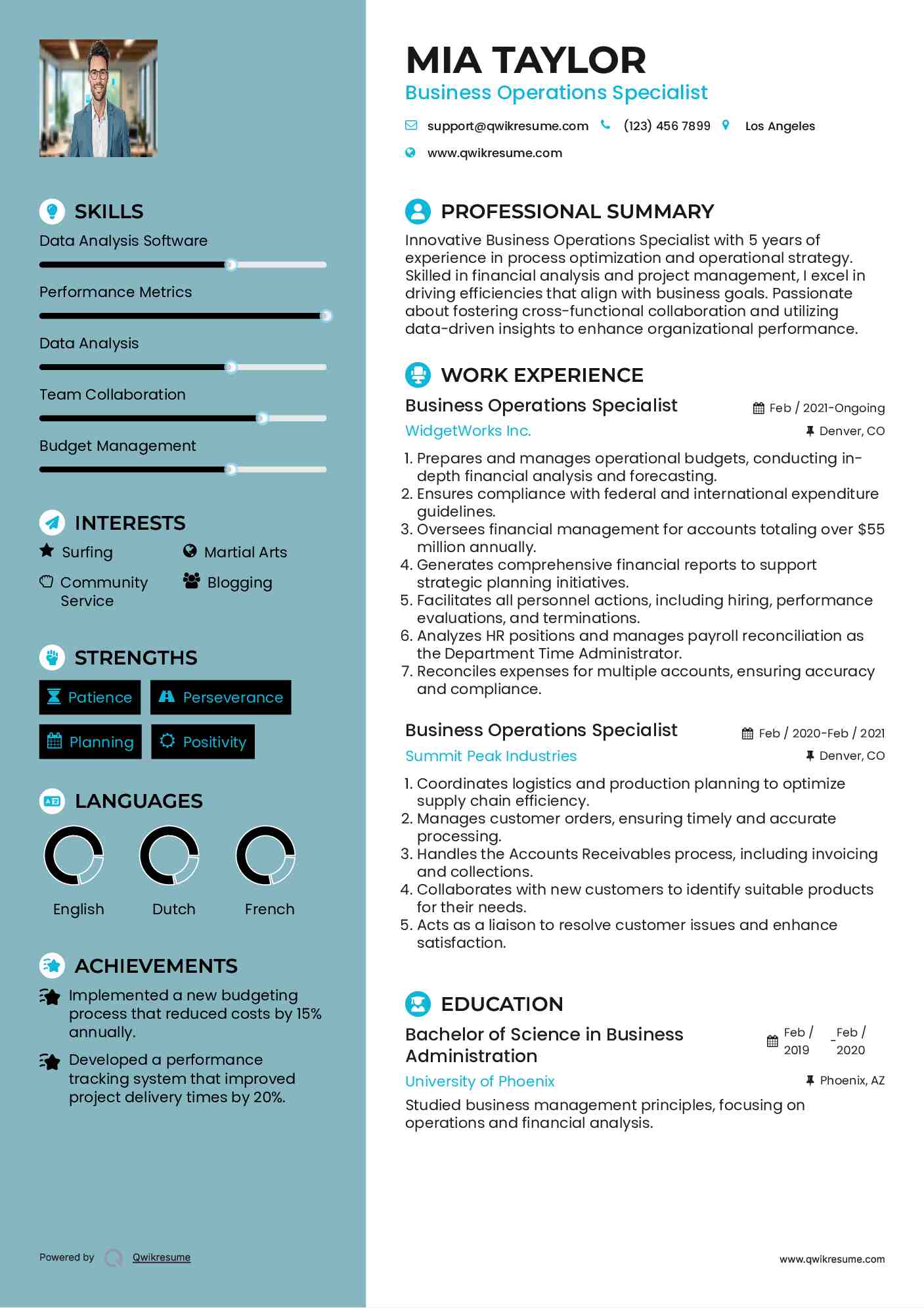 Business Operations Specialist Resume Model