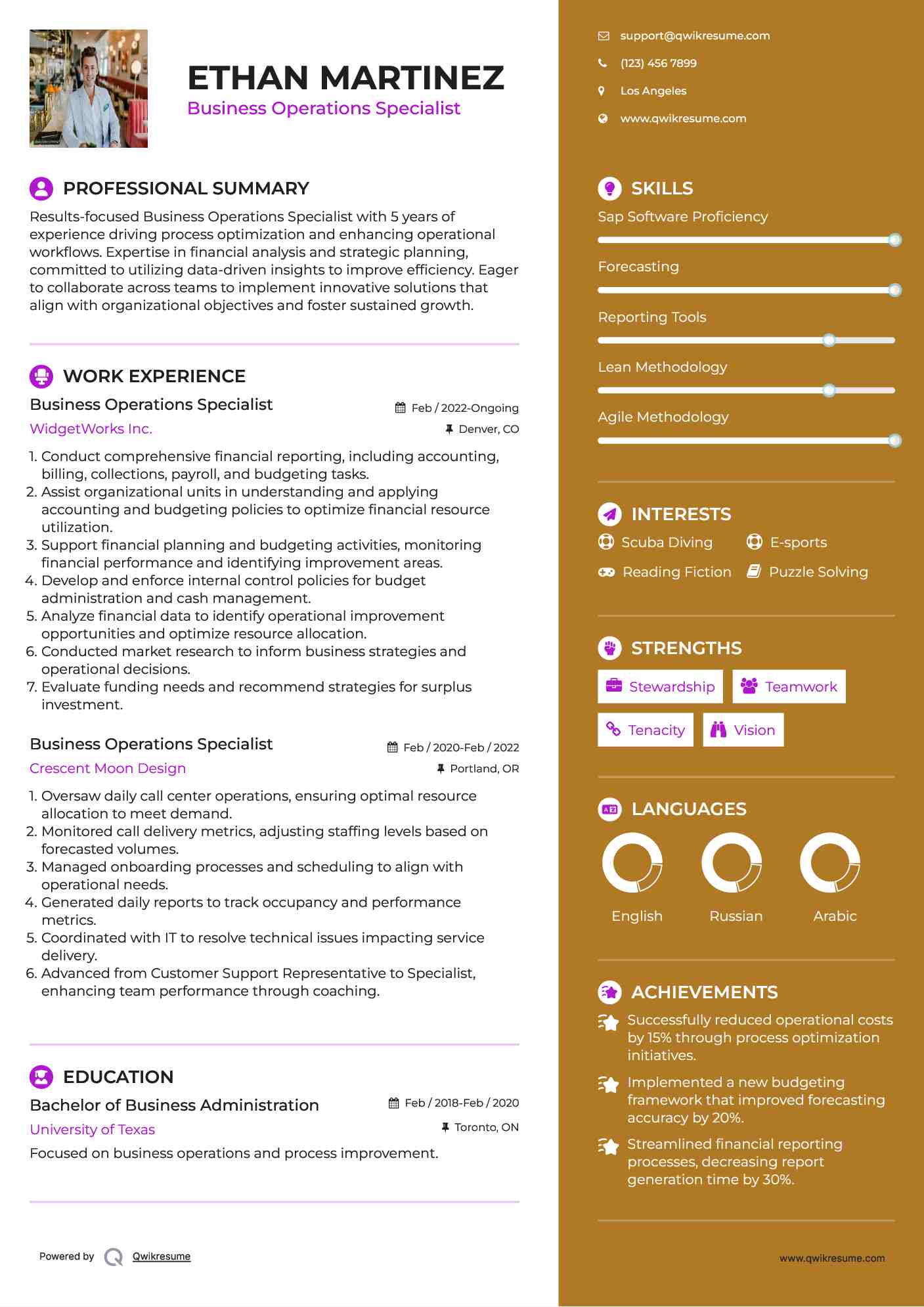 Business Operations Specialist Resume Template