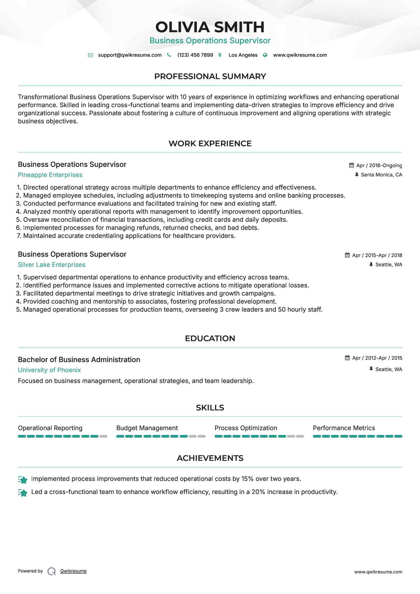 Business Operations Supervisor Resume Format