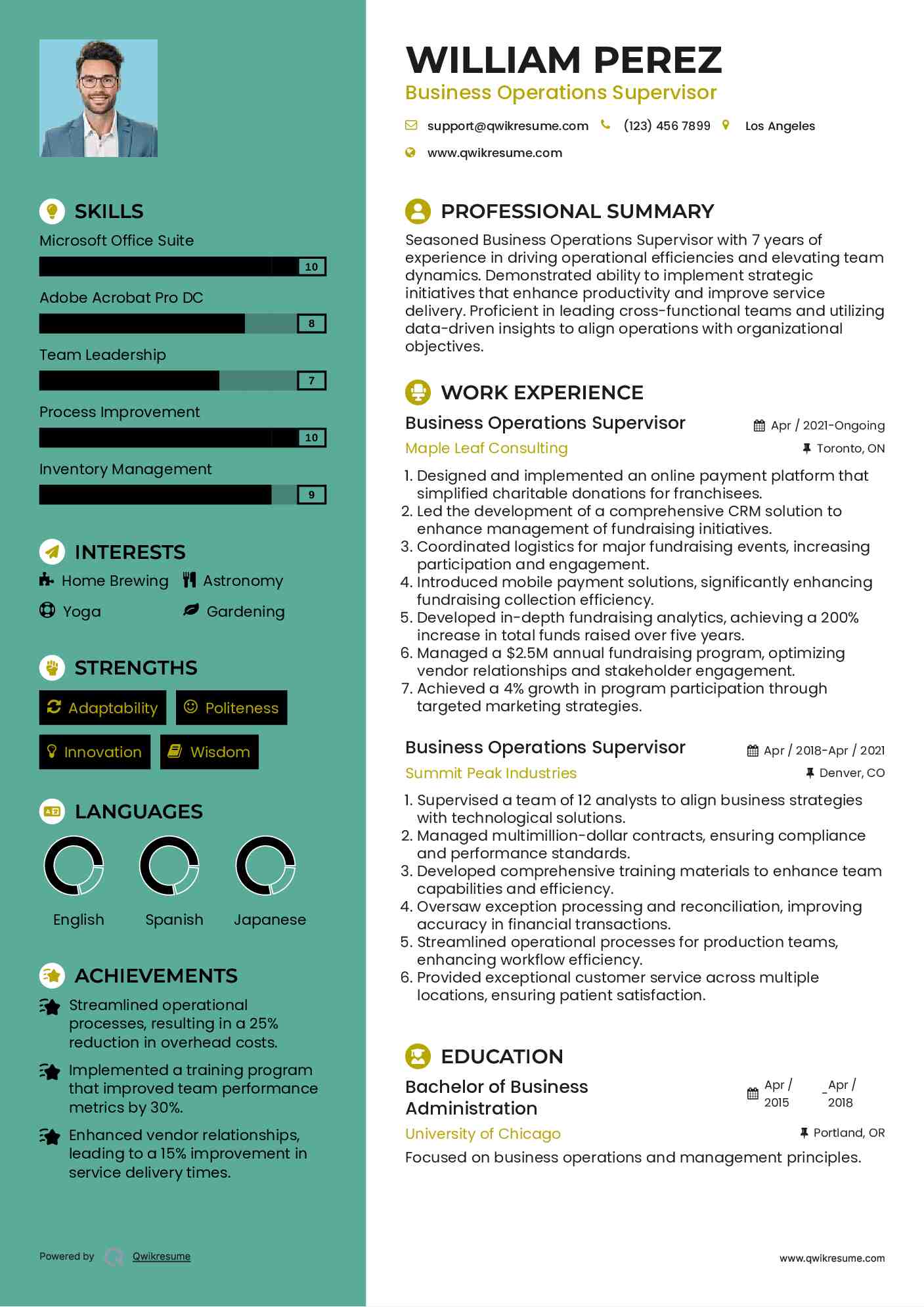 Business Operations Supervisor Resume Model