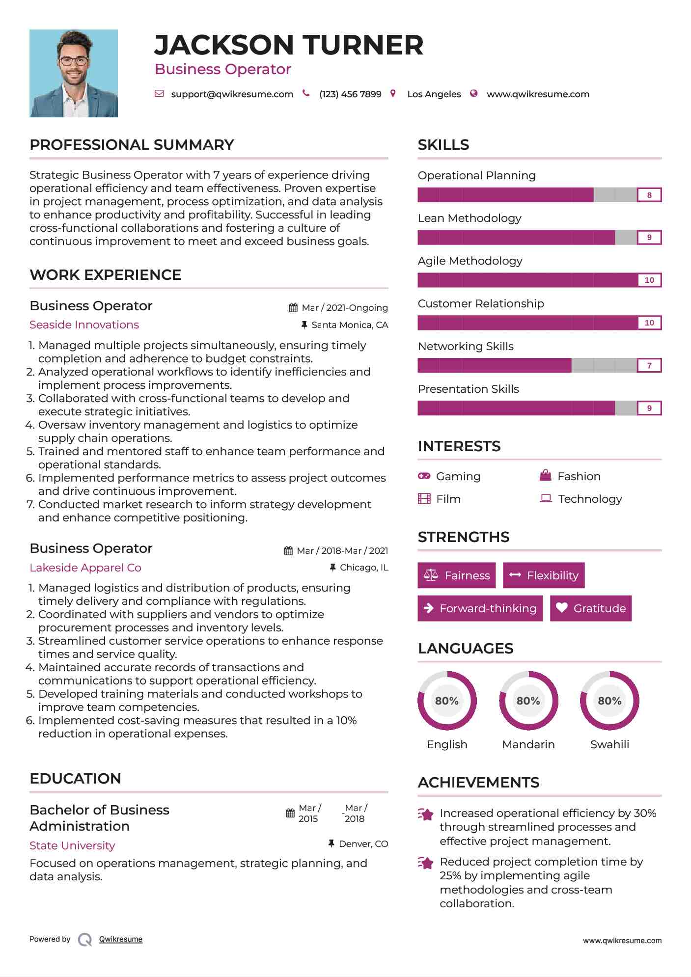 Business Operator Resume Template