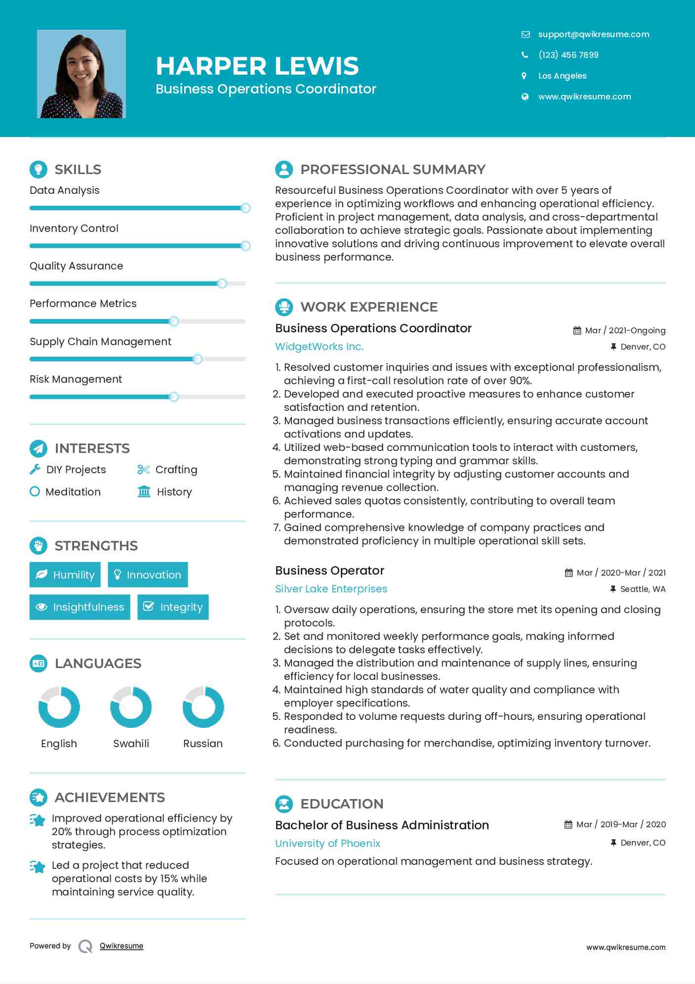 Business Operations Coordinator Resume Example