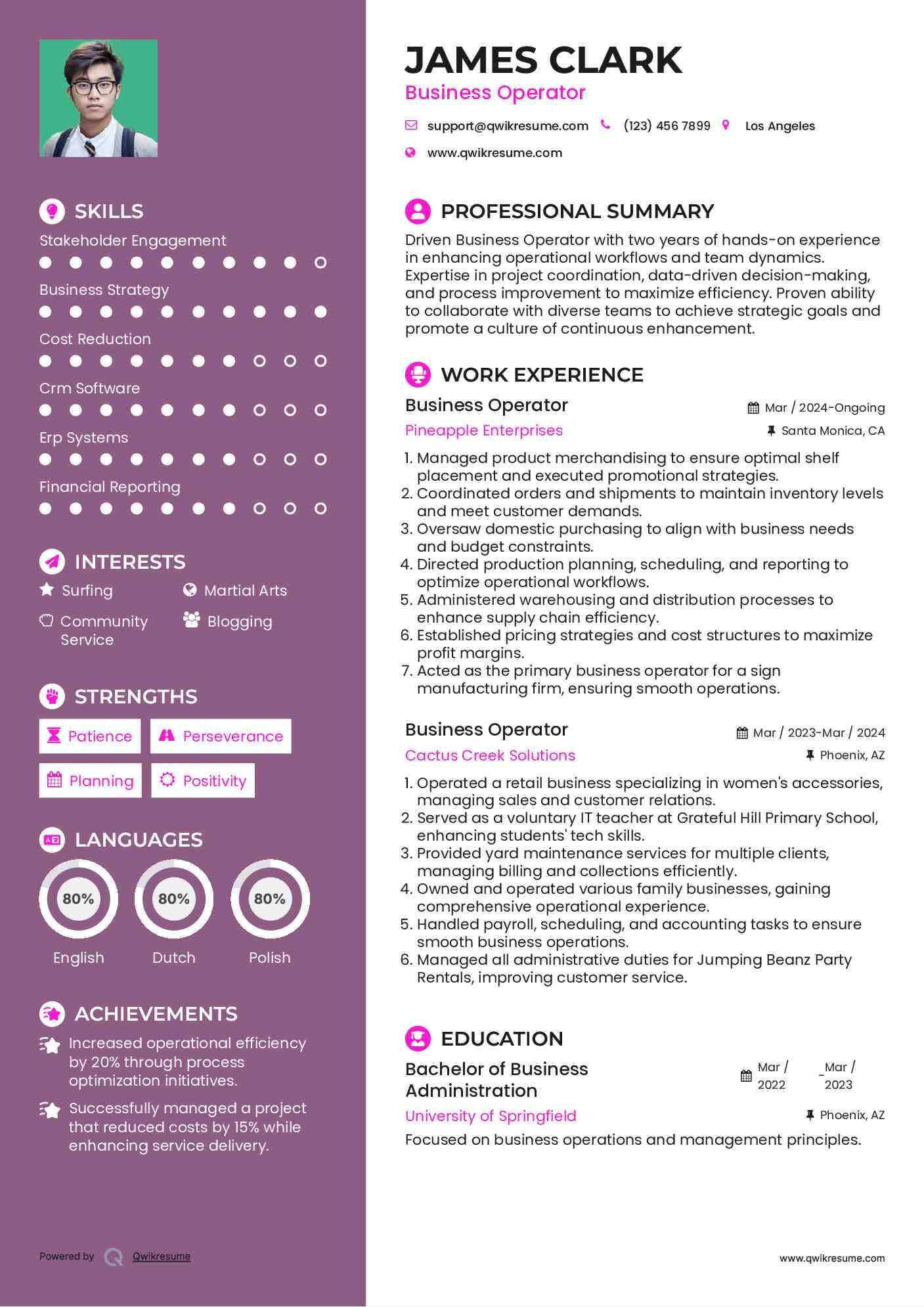 Business Operator Resume Sample