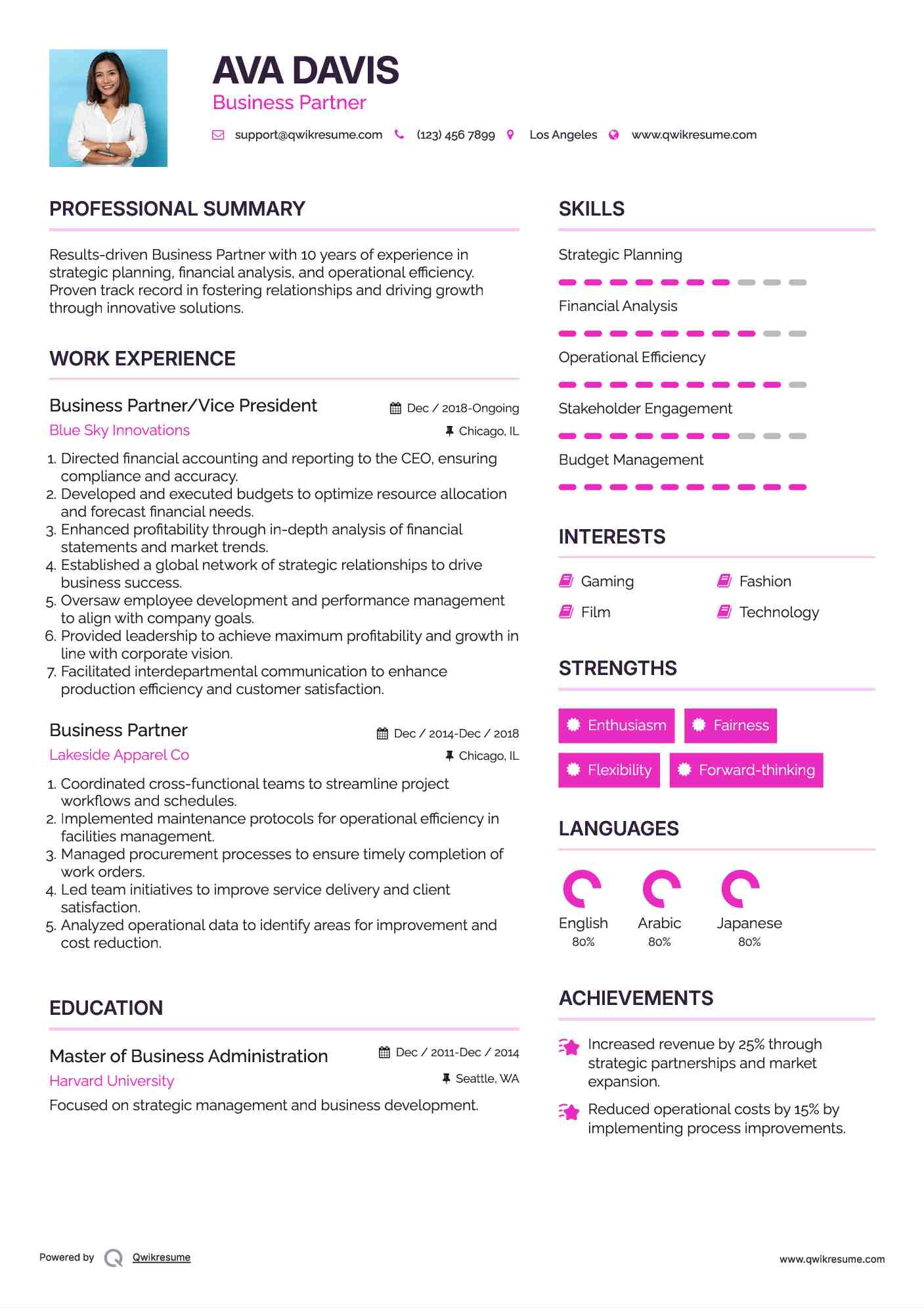 Business Partner/Vice President Resume Example