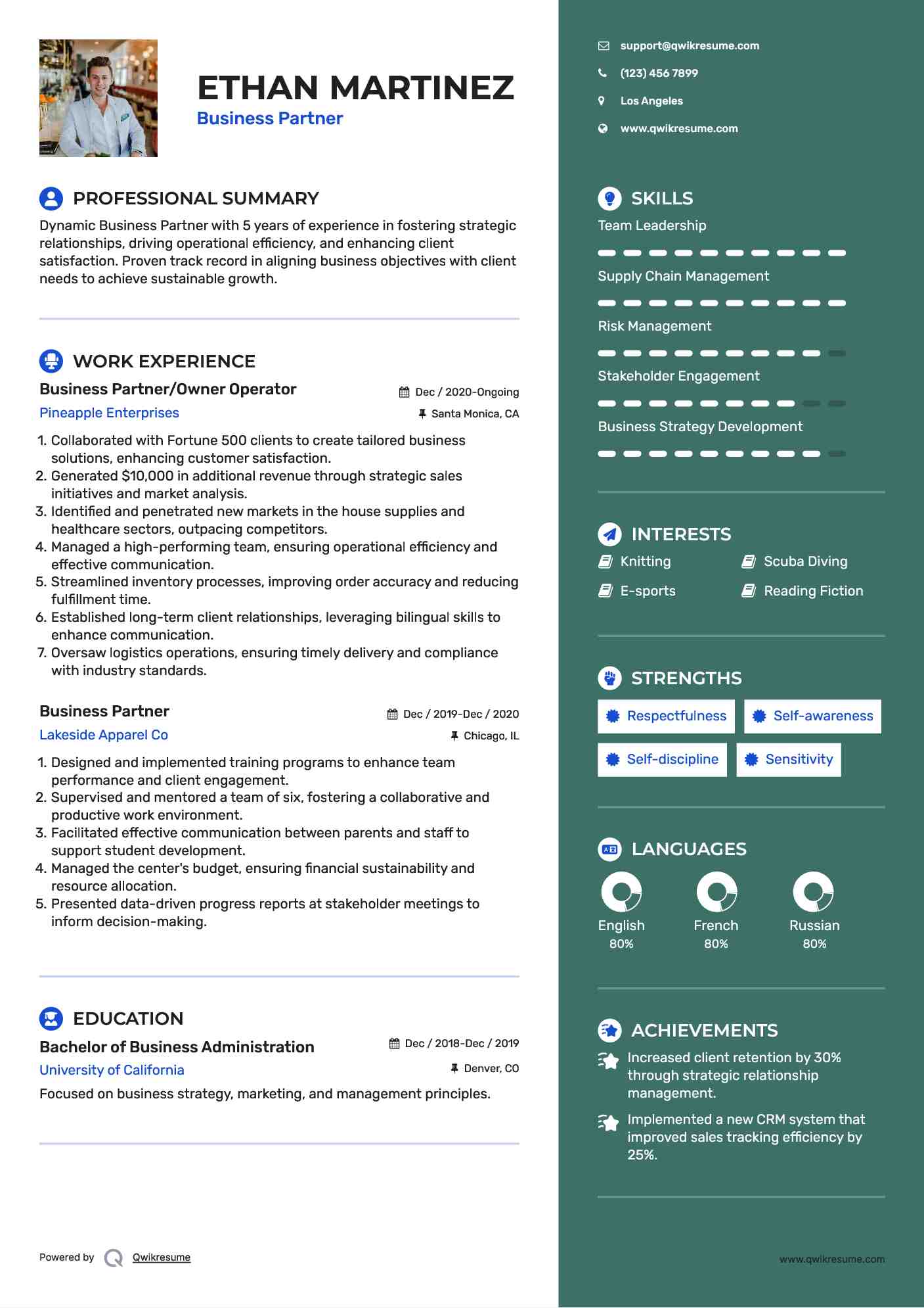 Business Partner/Owner Operator Resume Template