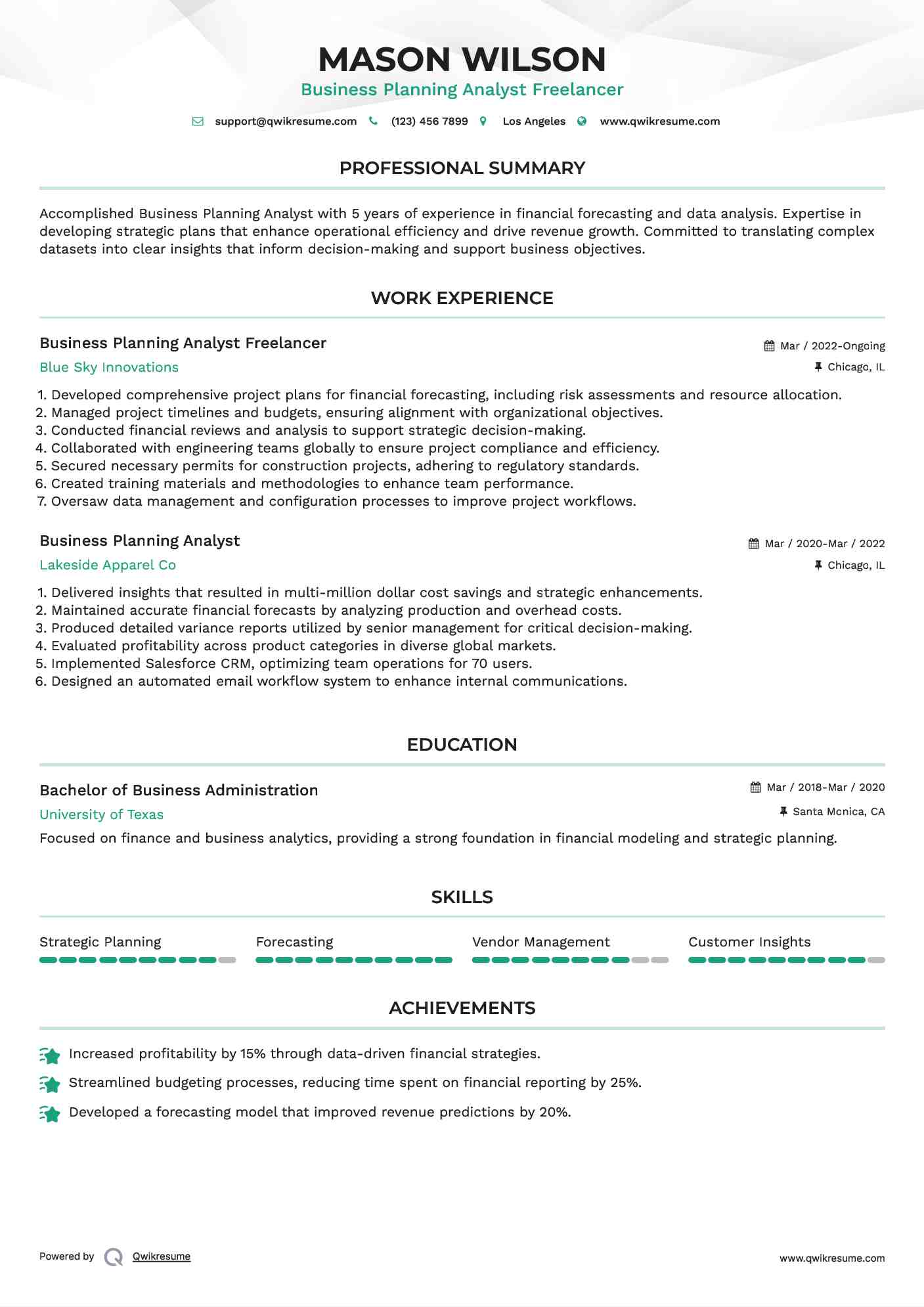 Business Planning Analyst Freelancer Resume Format