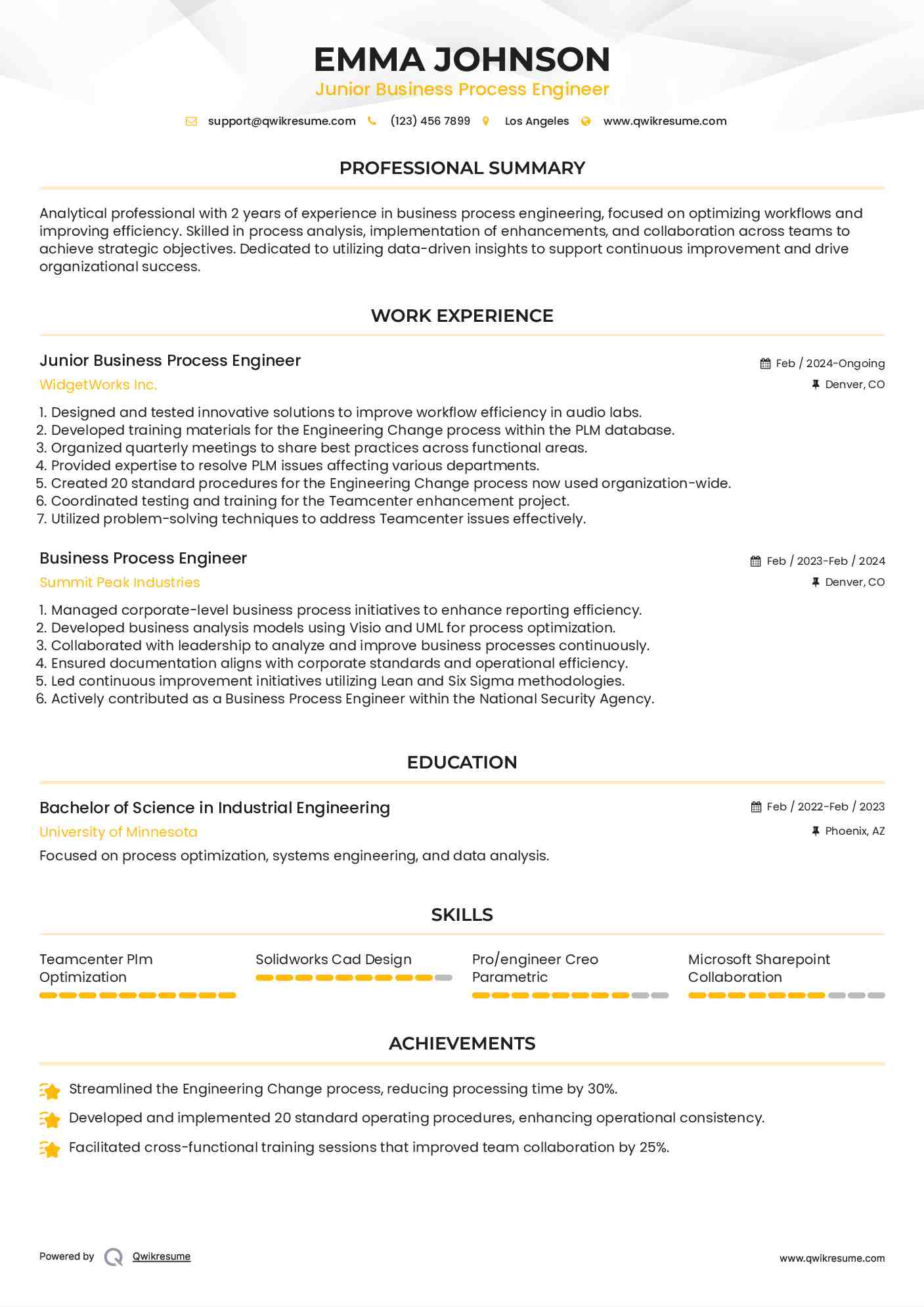 Junior Business Process Engineer Resume Example