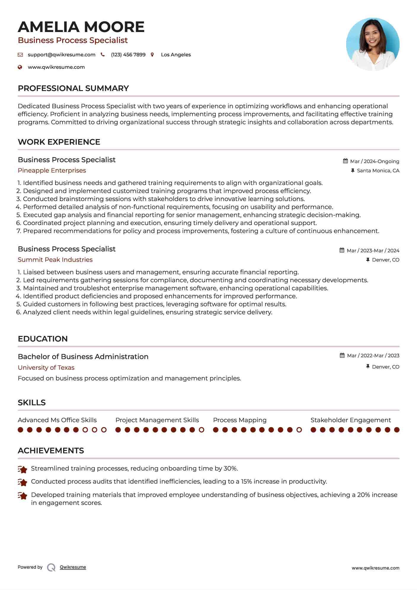 Business Process Specialist Resume Model