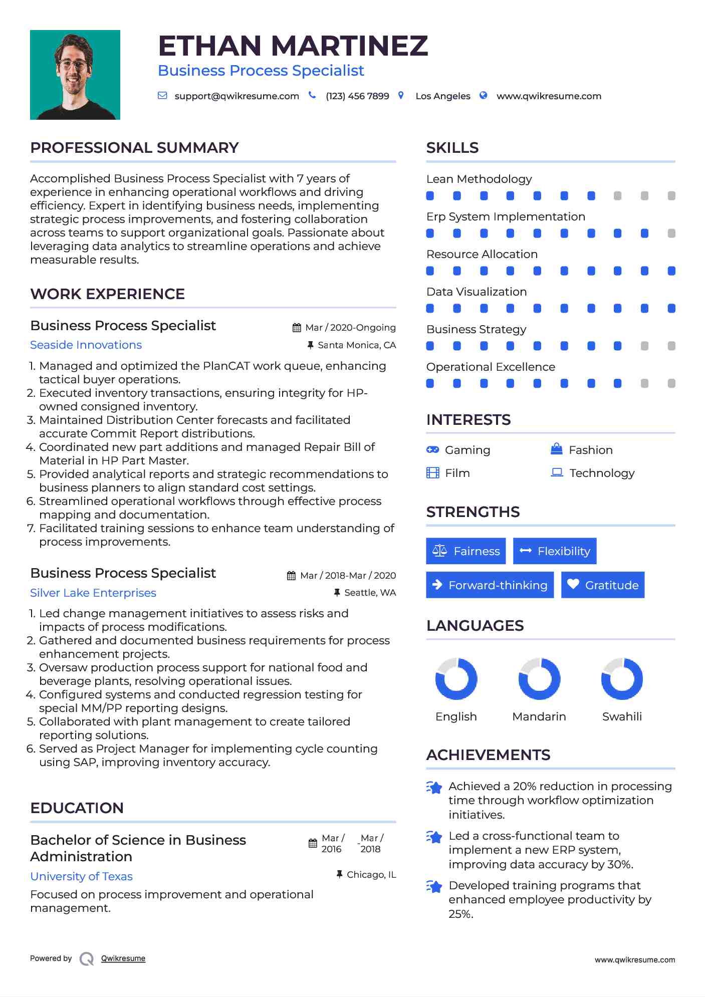 Business Process Specialist Resume Sample