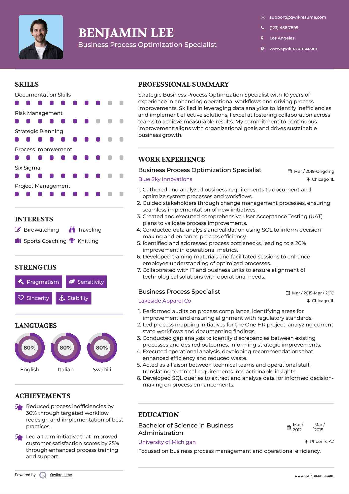 Business Process Optimization Specialist Resume Template
