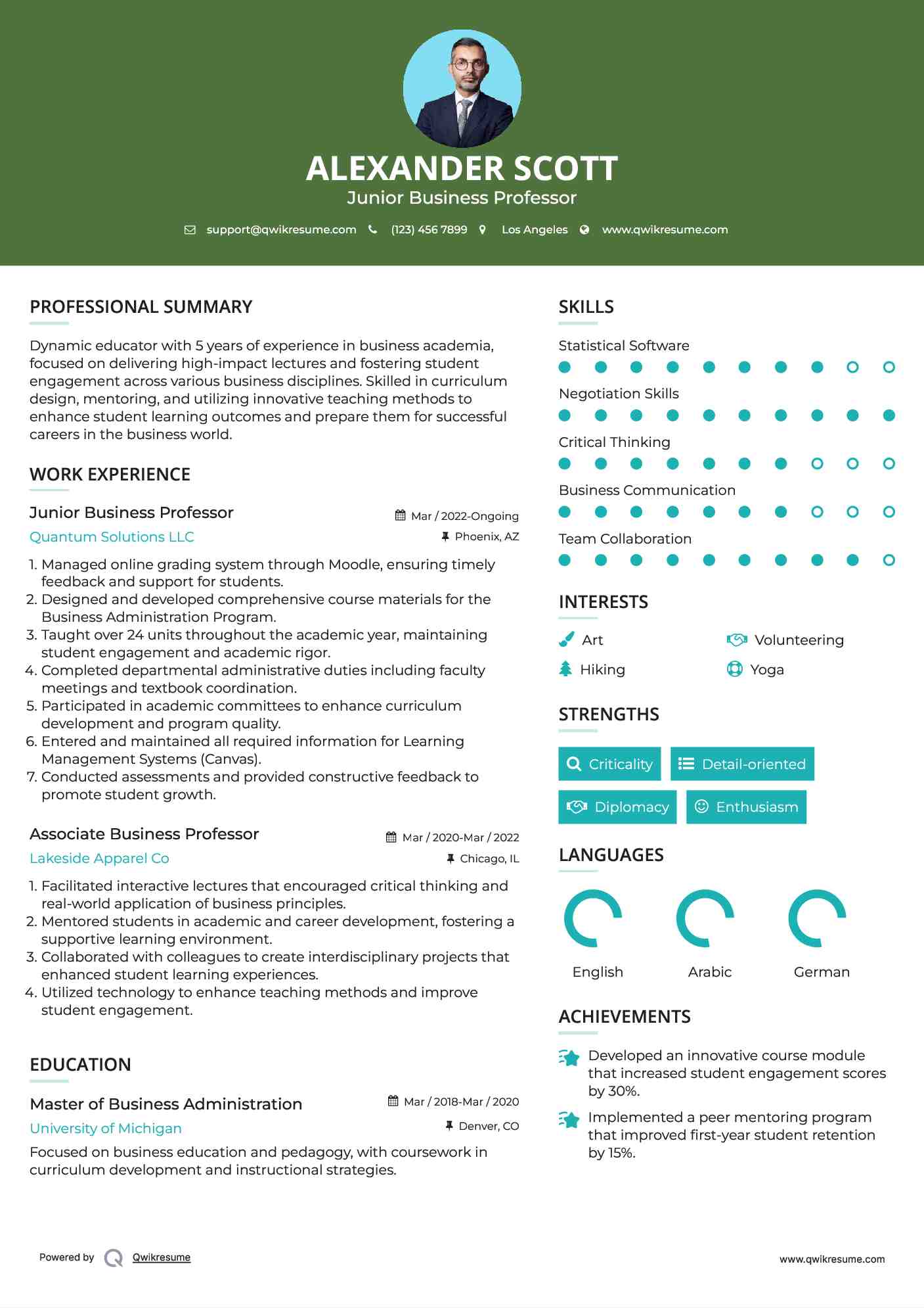 Junior Business Professor  Resume Format