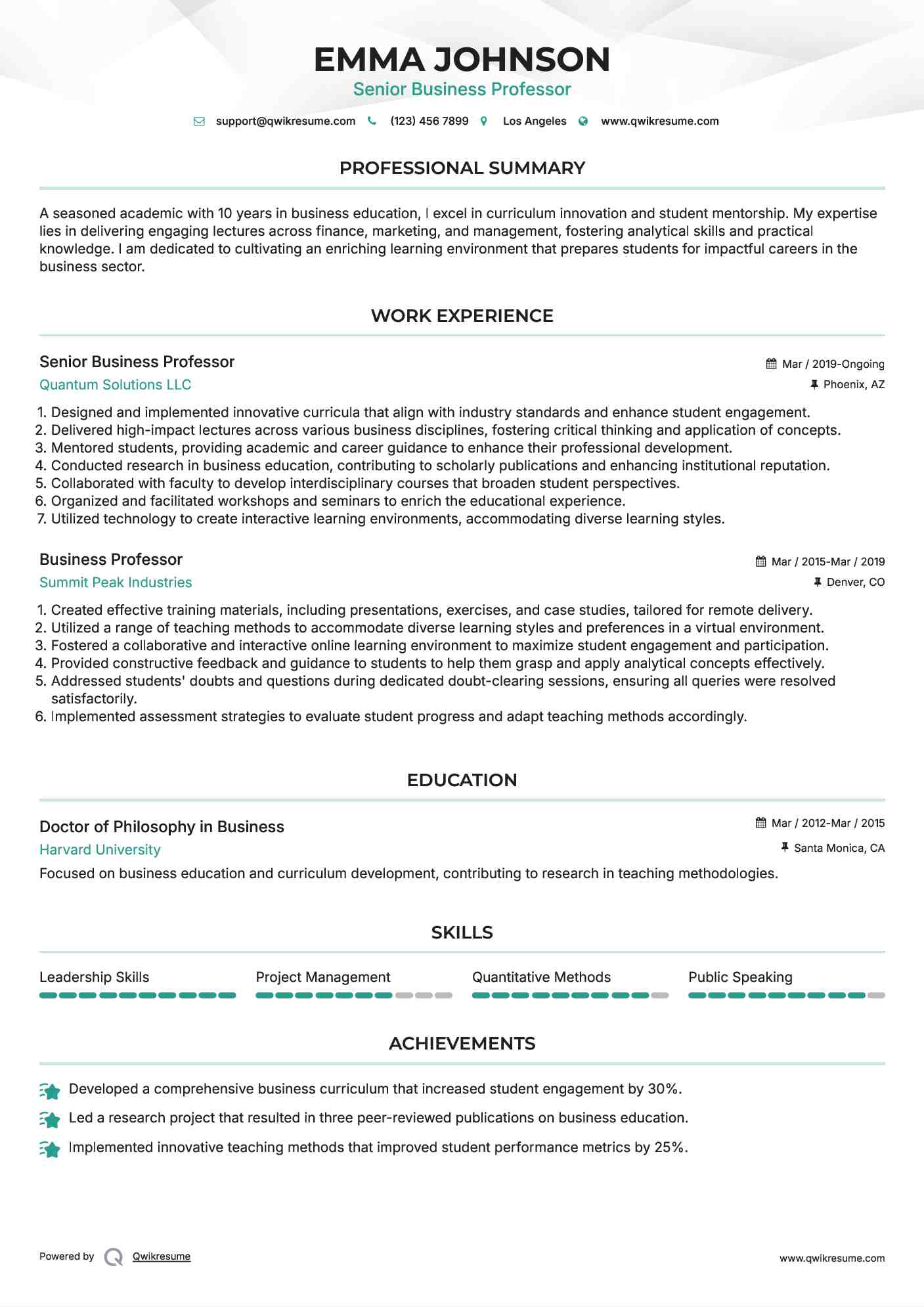 Senior Business Professor Resume Format