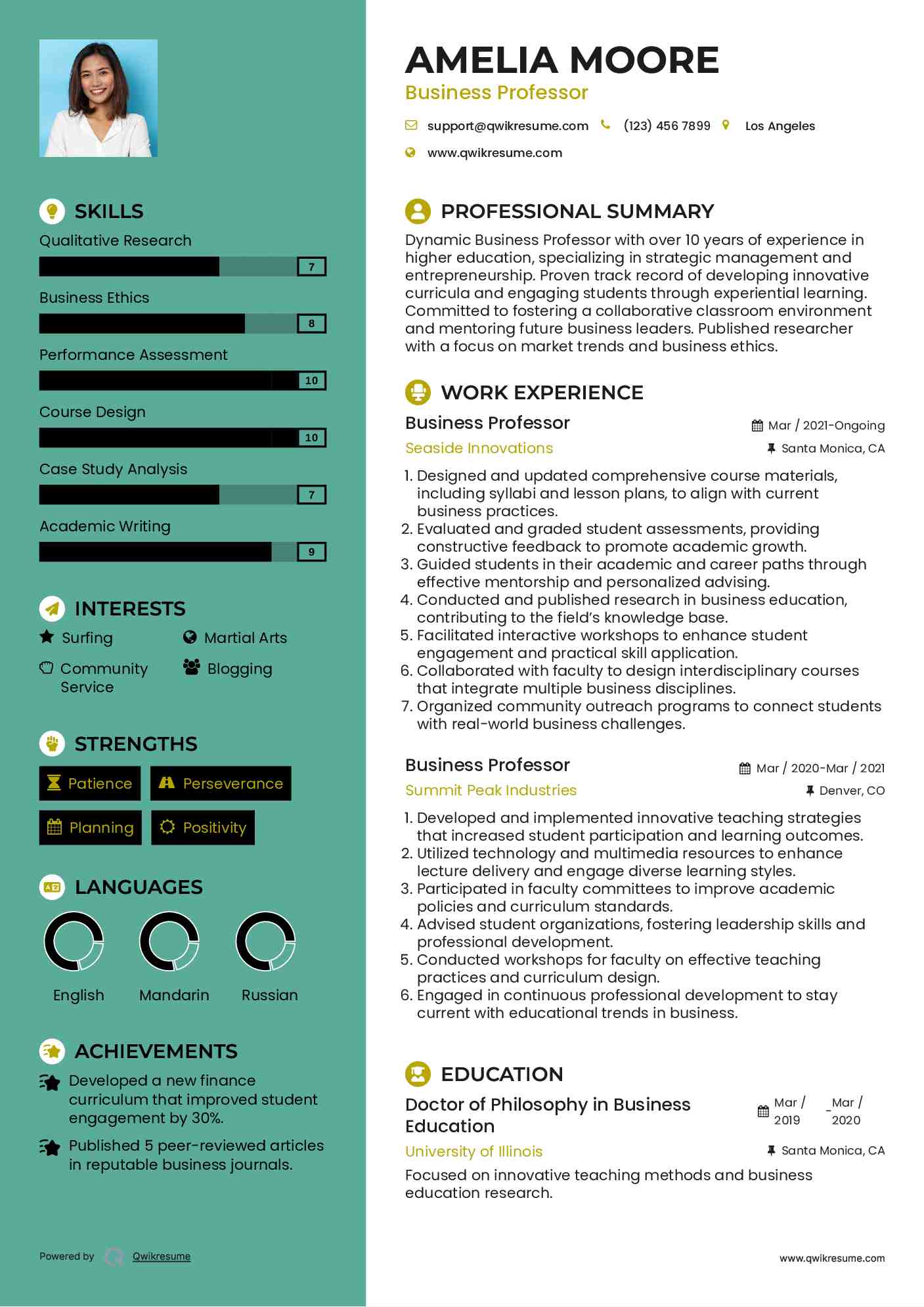 Business Professor Resume Sample