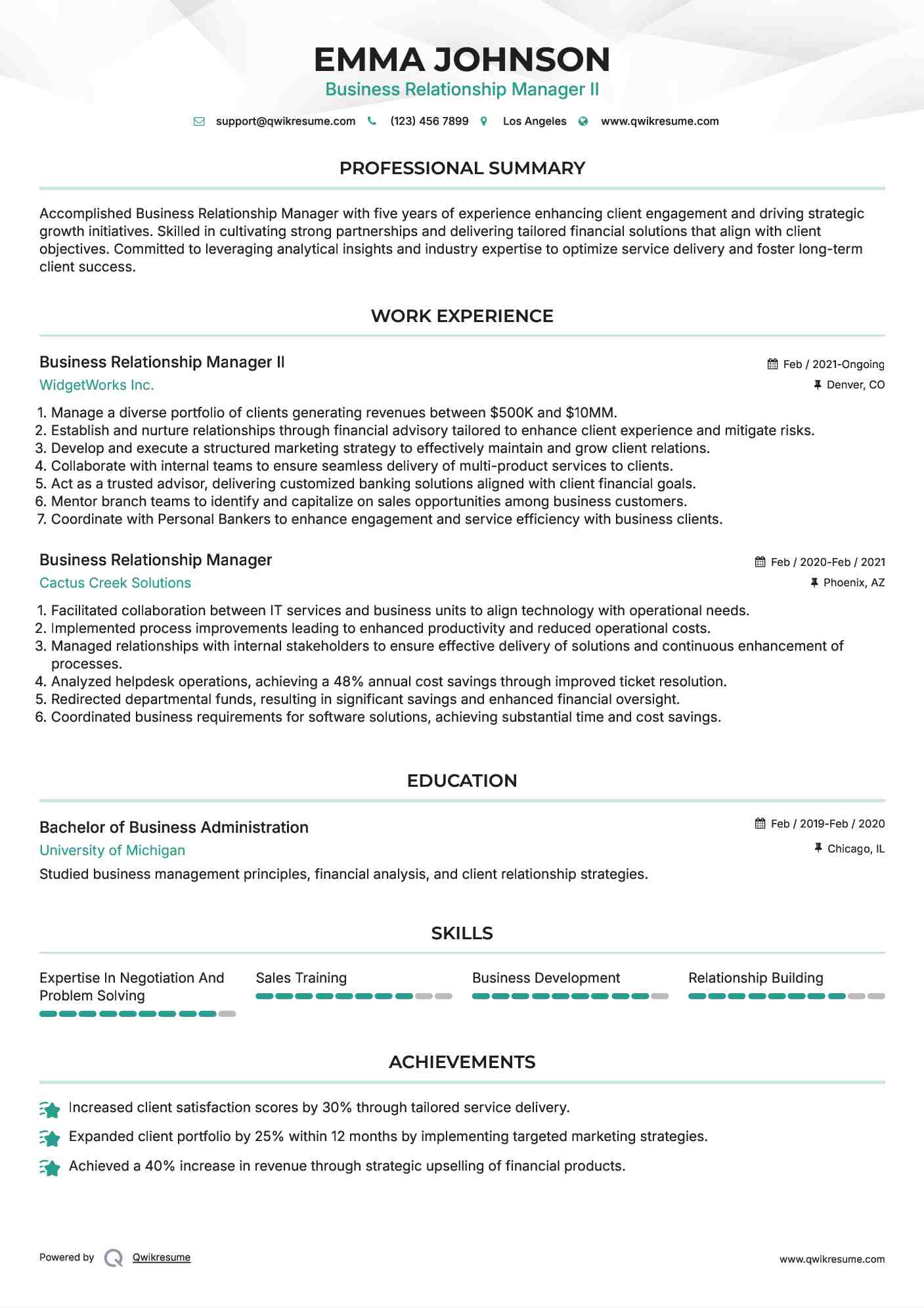 Business Relationship Manager II Resume Model