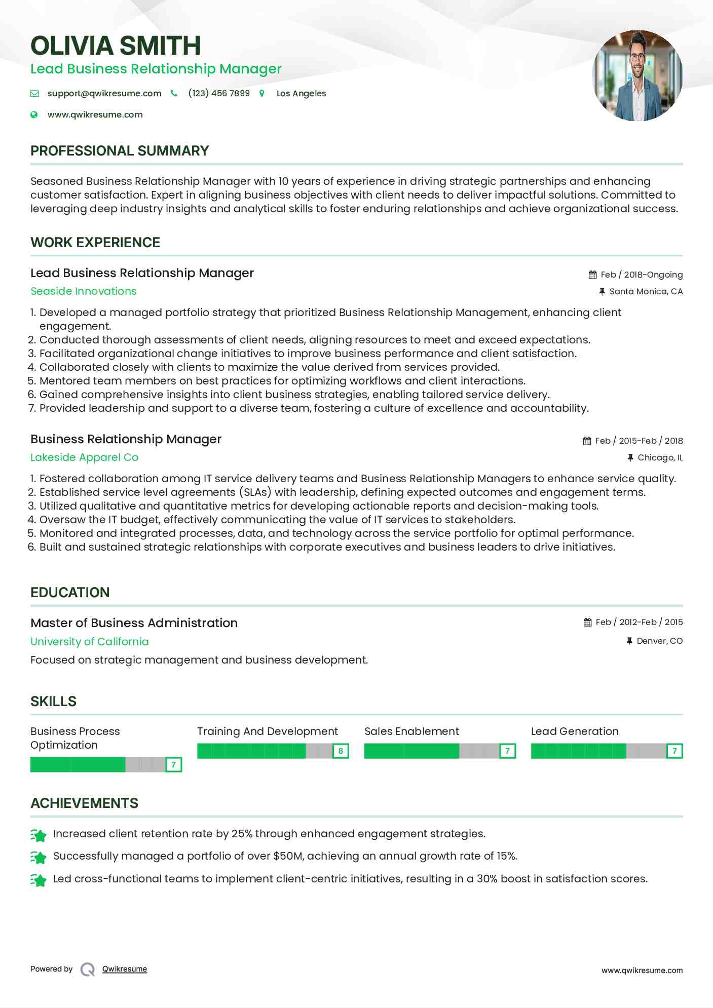 Lead Business Relationship Manager Resume Template