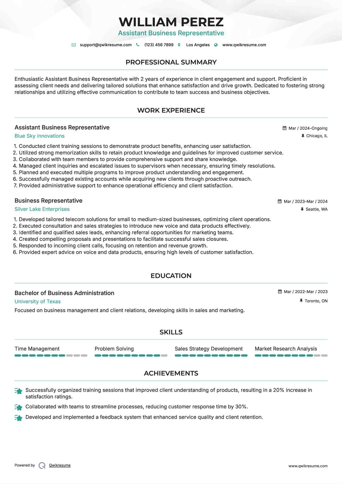 Assistant Business Representative Resume Template