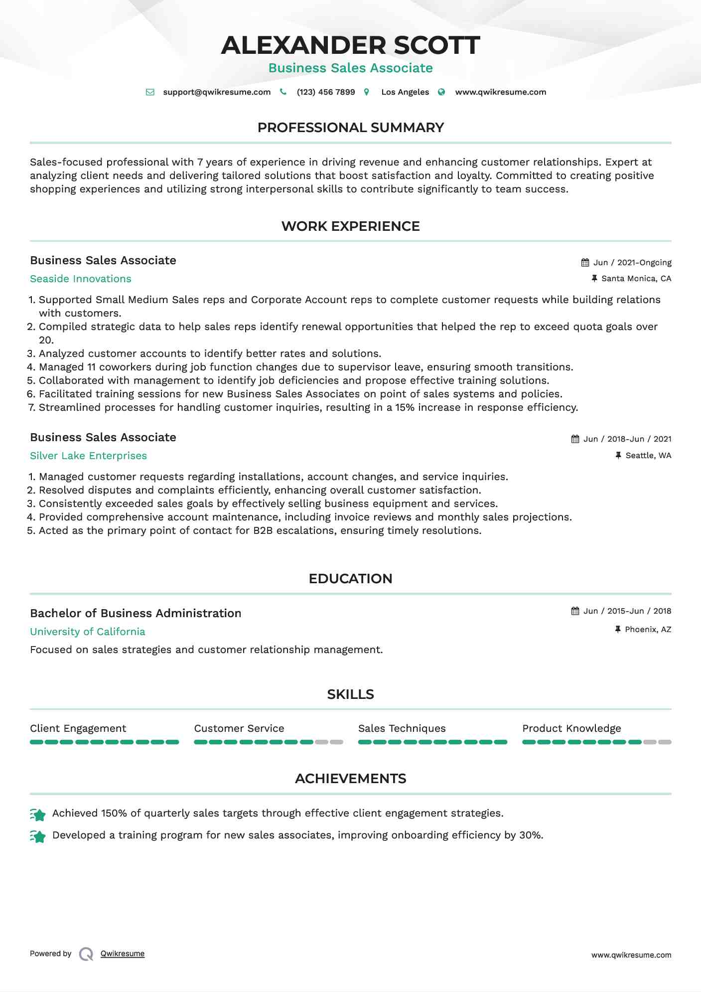 Business Sales Associate Resume Format