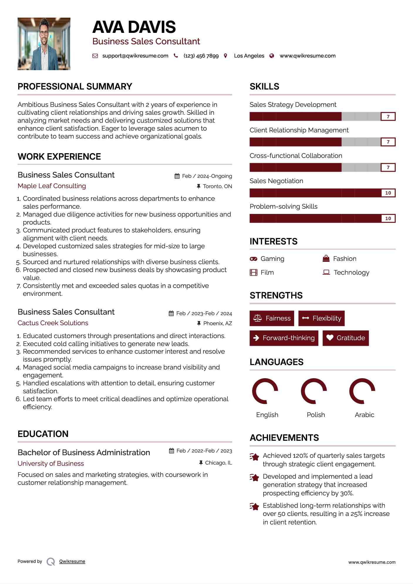 Business Sales Consultant Resume Sample