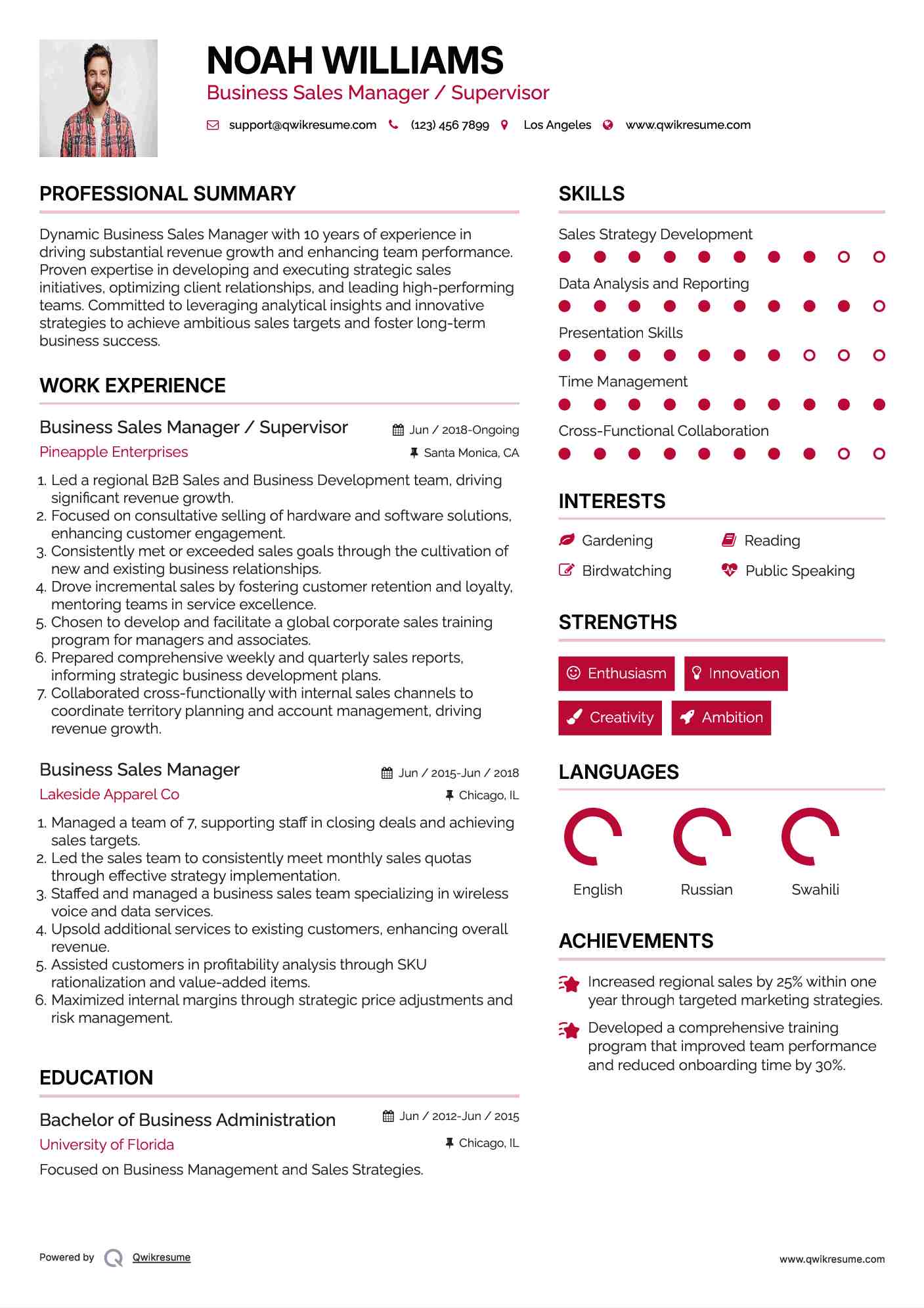Business Sales Manager / Supervisor Resume Template