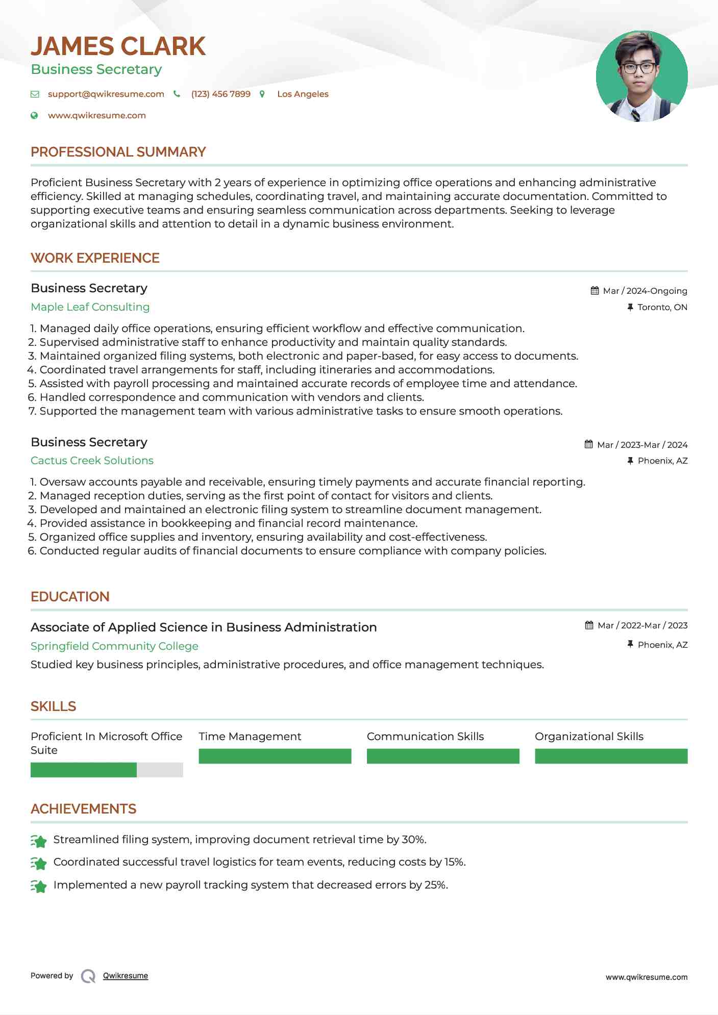 Business Secretary Resume Example