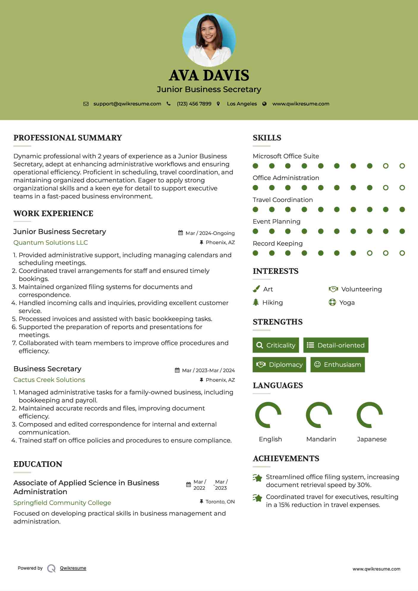 Junior Business Secretary Resume Model
