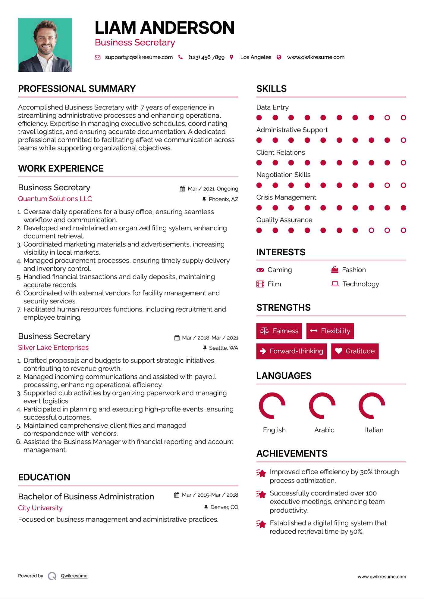 Business Secretary Resume Sample