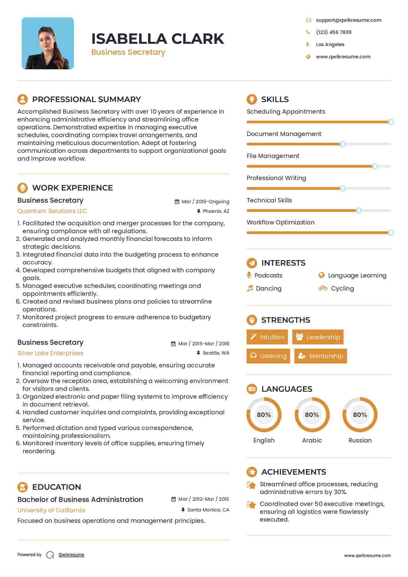 Business Secretary Resume Model